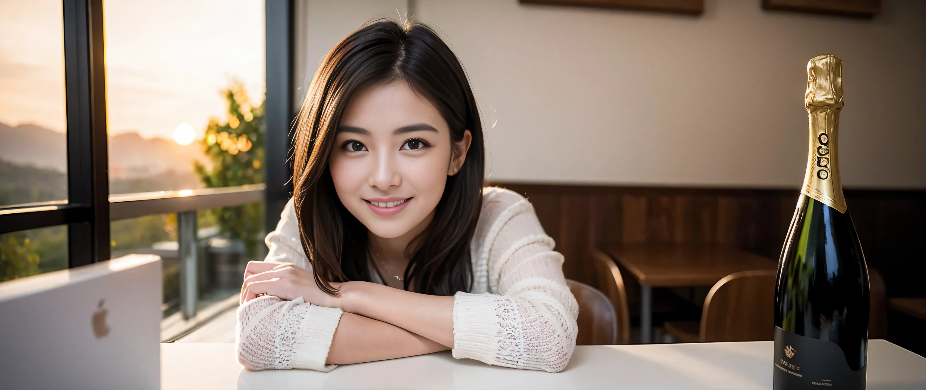 ((highest quality、8k、masterpiece:1.3))、Sharp focus:1.2、Beautiful woman perfect body:1.4、Slim body、((Bob Hale、Straight hair:1.2))、(to be born, highest quality, masterpiece:1.5), (Realistic, Intricate details:1.2), Ultra-high resolution, Spectacular view of the sunset sky and clouds、Amazing mountain views、A bright smile、A lovely woman with a smile、wine glass、red wine 、Bright image、2. The beauty of wine, Beautiful Face, blue eyes, The light shines on your face, Blushing, short hair,Bright Face、Fox face、 (36 years old), 39 years old, Lady、Appetizer、Italian food、Wine bottle、Champagne、sparkling wine、Two beauties、brown hair、Shortcuts、Long sleeve shirt、dress、Pretty Woman 1, (slim face), (The body is slim), (brown hair), (Shortcuts), cheeks turn a little red,charming beauty、, Out of the window, A beautiful and detailed night view unfolds.........., restaurant, In a prominent place (From the waist up) Nova Frog Style, actress, model, Upper Body, White wine, slim, wine glass, wine glass placed in the middle, smile, (smile: 1.15), Beautiful fine grain, Depth f/2,saturation, High Contrast, Strong light and shadow,Moist Body:1.5、3D texture、Delicate eyes、brown hair、The hair is very shiny、