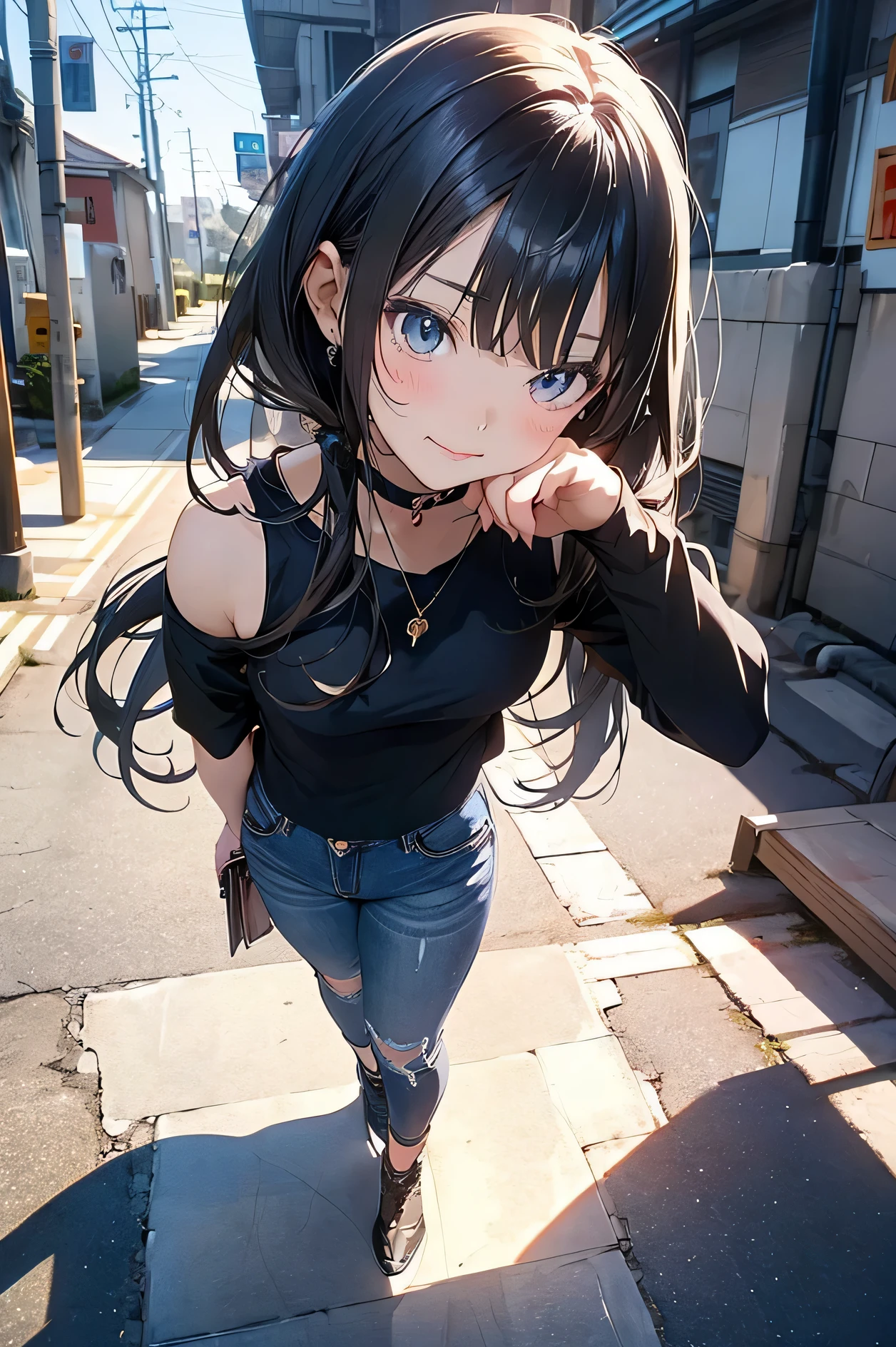 A woman wearing a black top and blue jeans posing，seductive anime girl，Anime cute art style，Attractive anime girl，female anime characters，anime girl，anime woman，Beautiful and seductive anime woman，，Anime full body illustration，anime girl，anime waifu，sultry smirk，Detailed anime character art，Casual pose，（anime girl）
