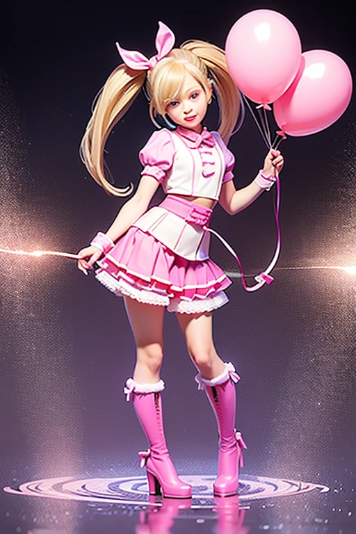 (holding ballons), (((full body))), real photo, girl, Brat female , (((drawers))), ((looking back at me)), twin tails, big ribbon, pink boots,