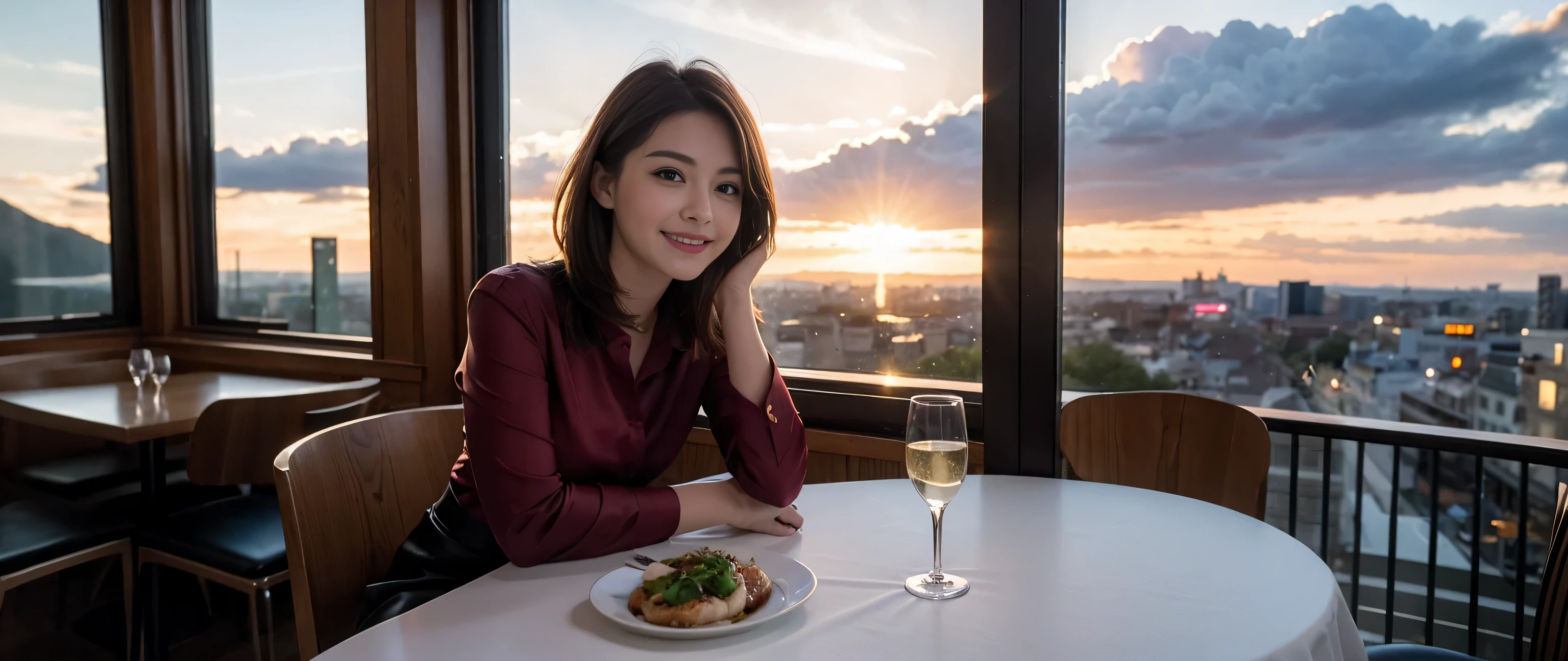 ((highest quality、8k、masterpiece:1.3))、Sharp focus:1.2、Beautiful woman perfect body:1.4、Slim body、((Bob Hale、Straight hair:1.2))、(to be born, highest quality, masterpiece:1.5), (Realistic, Intricate details:1.2), Ultra-high resolution, Spectacular view of the sunset sky and clouds、Amazing mountain views、A bright smile、A lovely woman with a smile、wine glass、red wine 、Bright image、2. The beauty of wine, Beautiful Face, blue eyes, The light shines on your face, Blushing, short hair,Bright Face、Fox face、 (36 years old), 39 years old, Lady、Appetizer、Italian food、Wine bottle、Champagne、sparkling wine、Two beauties、brown hair、Shortcuts、Long sleeve shirt、dress、Pretty Woman 1, (slim face), (The body is slim), (brown hair), (Shortcuts), cheeks turn a little red,charming beauty、, Out of the window, A beautiful and detailed night view unfolds.........., restaurant, In a prominent place (From the waist up) Nova Frog Style, actress, model, Upper Body, White wine, slim, wine glass, wine glass placed in the middle, smile, (smile: 1.15), Beautiful fine grain, Depth f/2,saturation, High Contrast, Strong light and shadow,Moist Body:1.5、3D texture、Delicate eyes、brown hair、The hair is very shiny、