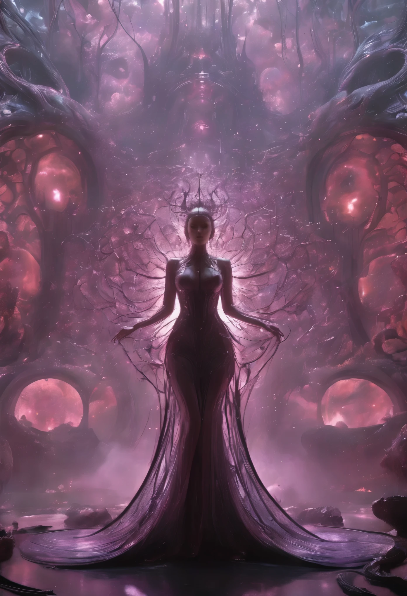 1girl,Xill, solo,anatomically correct,front view, fullbody,lotus pose,((Best quality)), ((Masterpiece)), ((Realistic)),UHD,rich background, film shooting, depth of field, Super visual, The art of HR Giger and Beksinski blende in detail, Add a touch of supernatural horror to this already insanely terrifying masterpiece,hell lady,body glow,Glowing Line,Glow Example,Tracking example,flash, Backlight,translucent,light particles