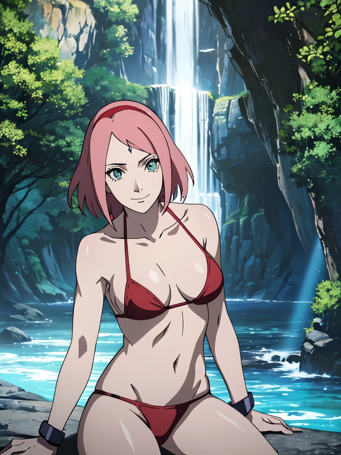 anime style, solo, 1 woman, from right, close view, (hand leaning, laying on cave, brushing hair), super ultra details, bold drawing lines, very high resolution, perfect anatomy, ultra detailed face, high vibrance, (blue light), ((cold colors)), 1girl, haruno sakura, (slim body, pale skin, thin belly , off-shoulders, biceps, toned arms, leaning forward, very pale skin, forehead mark, smile, hand leaning), ((red string bikini, red hair band)), looking at viewer, (cave), floating hair, big smile, cowboy shot, (reddish hair, detailed hair, missy hair, short hair, scattered hair), spring time, attractive colors
