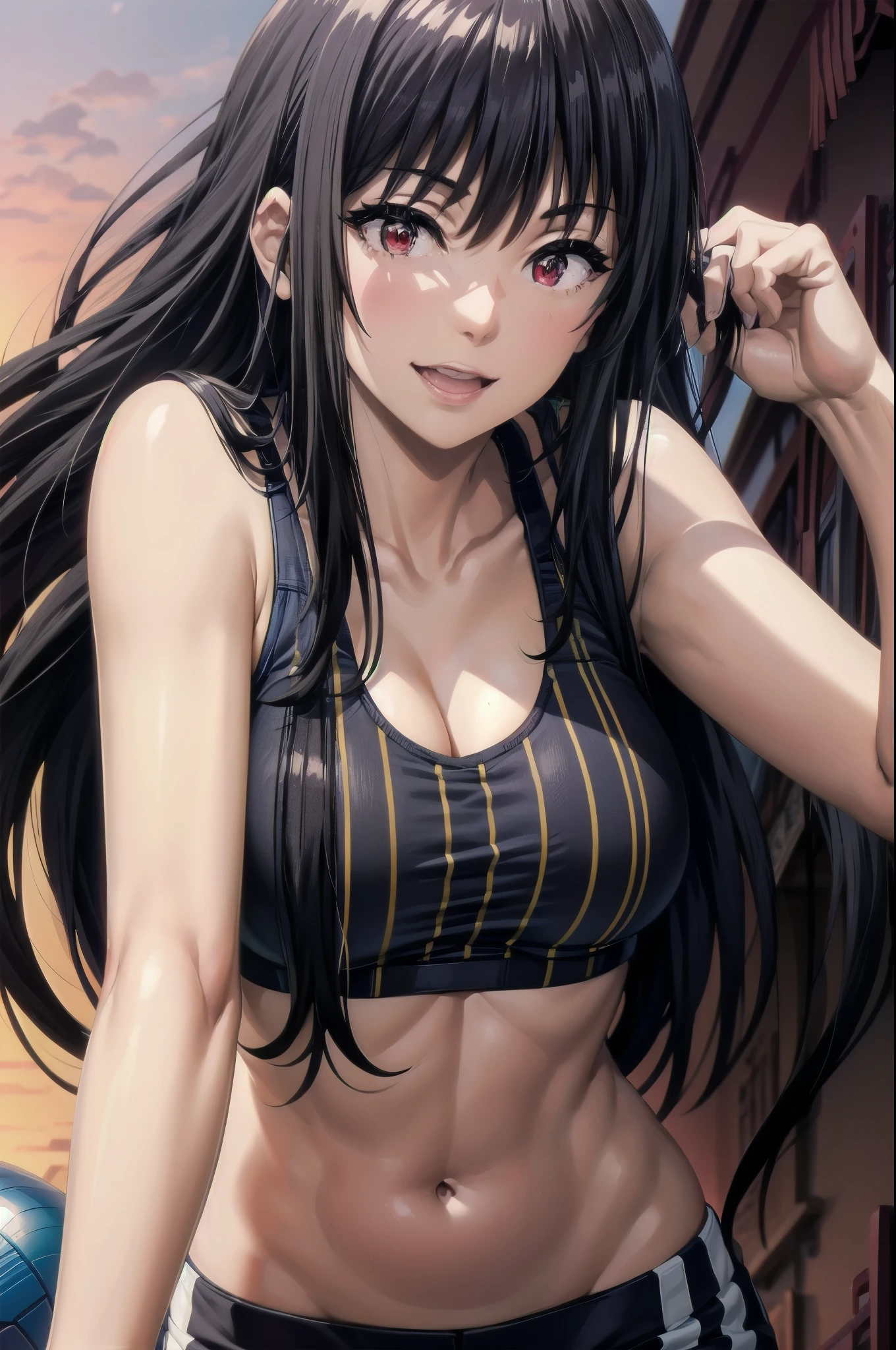 1girl,black hair,red eyes,medium breast,narrow waist, masterpiece, best quality, photorealistic, yujiasuit, yoga sports bra, yoga pants, 1girl, solo, , yoga ball, pants, looking at viewer, smile, green sports bra, simple background, , midriff, long hair, breasts, green pants, sportswear, tank top, upper body,