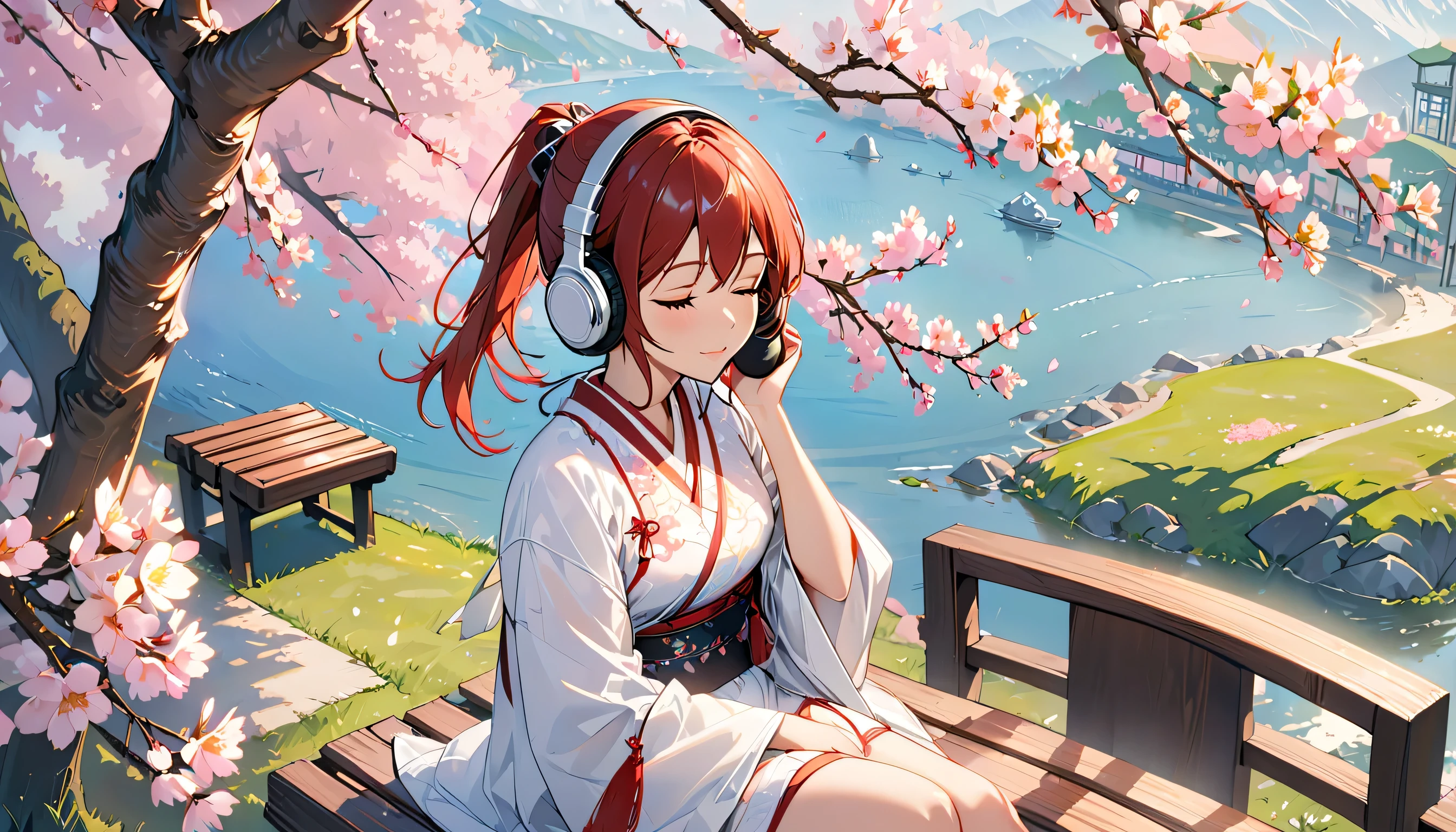 ((best quality)), ((masterpiece)), (detailed), perfect face, sitting under the cherry blossom tree, listening to music, One woman, wearing headphones, eyes closed, wearing underwear, underwear is transparent, sitting on a bench