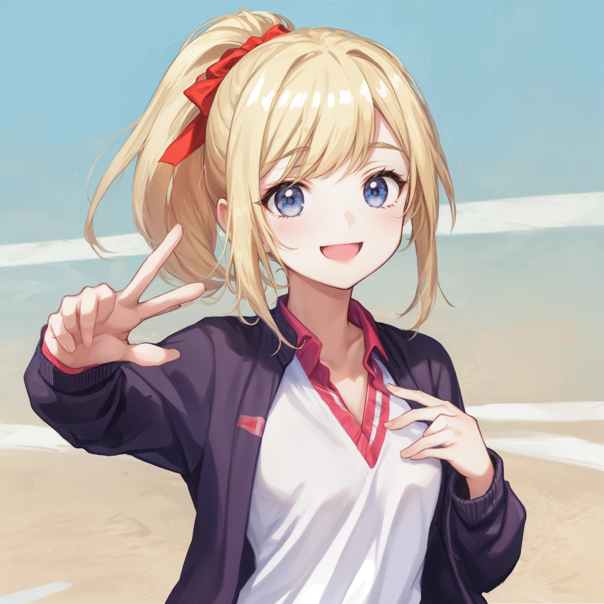 Beautiful illustrations,peace,highest quality, Peace with a smile,pretty girl,Tennis Wear,Tennis court,Slanted Eyes,From front,Tennis Wear,Blonde ponytail,High-quality backgrounds,peace,{,{{beautiful large breasts 1:4}},Black cardigan,Red ribbon,Detailed shirt chest wrinkles,{{{high school girl}}},BREAK,{{beautiful dark blue eye1:4}},BREAK,Five fingers,smile