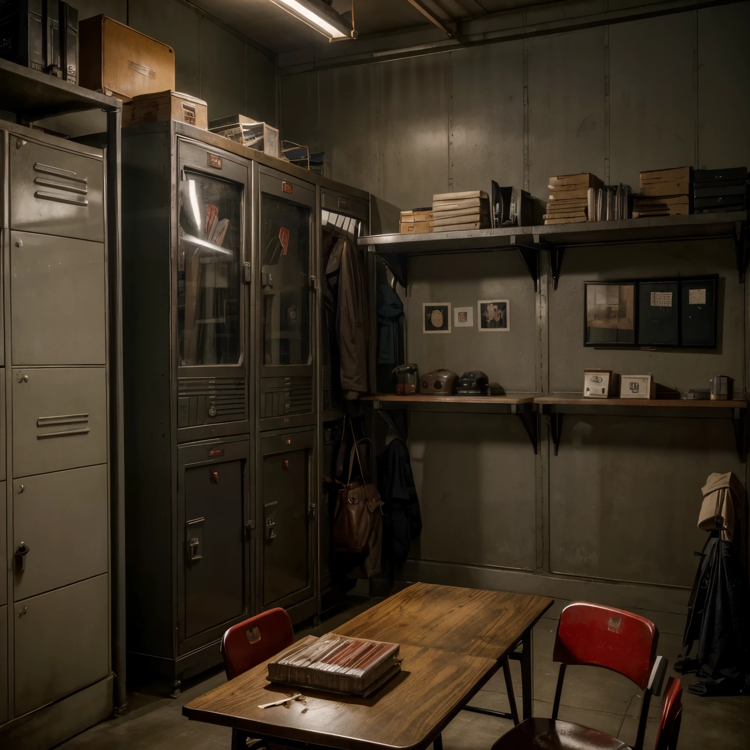 A dark, windowless staff room in Asia in the 1950&#39;s，open lockers(Piles of various daily necessities，In one corner there is a picture frame)、Large table and 6 red folding chairs with backrests，Iron locker，gray cement wall，Schedule on the wall，real picture