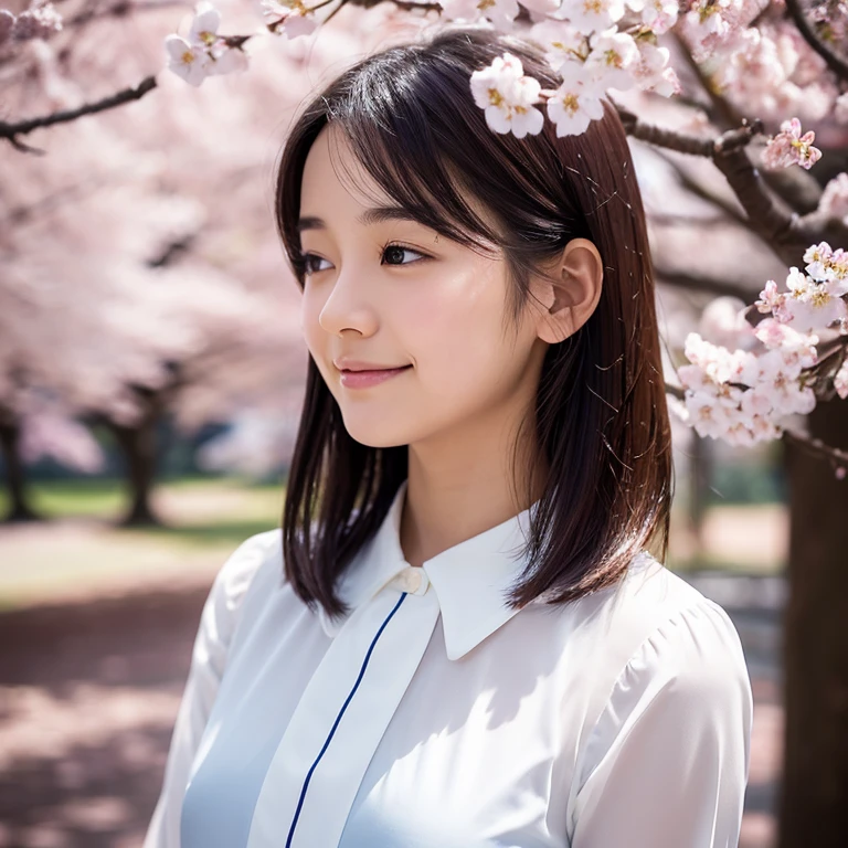 A profile view of a beautiful Japanese teenage girl wearing a white long-sleeved blouse and navy blue skirt, the designated by her Japanese high school, and looking up at the cherry blossoms in full bloom with a lonely smile on her face. Focal length 100mmf/2.8, spring evening, sunny, sunlight filtering through the trees, gentle wind, cherry blossom petals dancing around, well-shaped face, short hair, toned body, low angle, close-up of eyes, sense of presence, 8K image quality, highest quality.