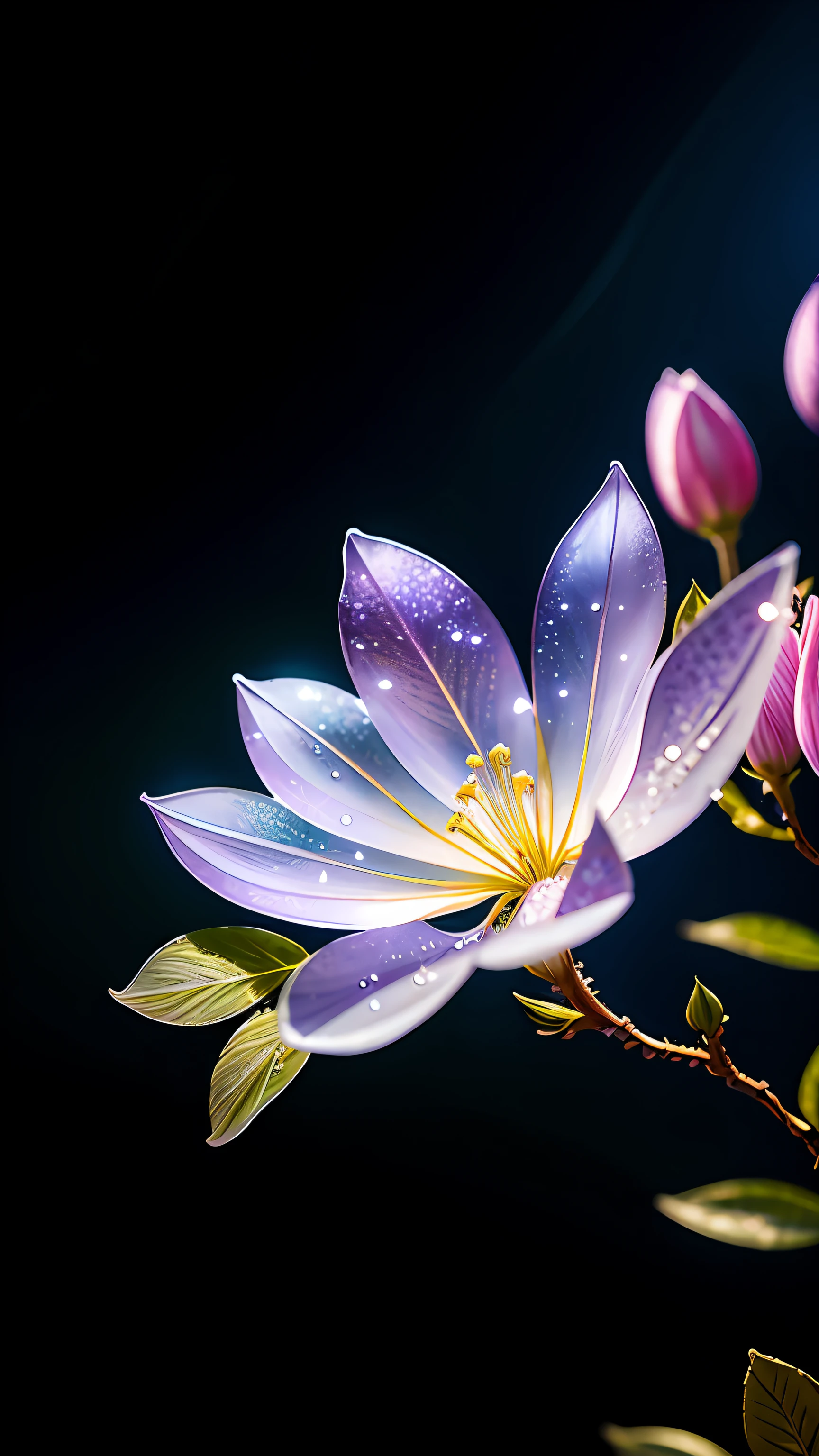 Delicate lilac branches, Ultra-transparent, holy Light, beautiful spectral Light, 花瓣发Light, Flash, Dark background, drops of transparent Light, reflective Light, bright, Light streaming in, Light学, Portrait Profile, Sharp focus, magic, Wheels within wheels, Surreal, fantasy, work, Light, Trending on artstation, pearl, Silver Steam Guardian Cloud, Corrosion Envelope Ray Family, 8k, ureal ar 23v4 upLight