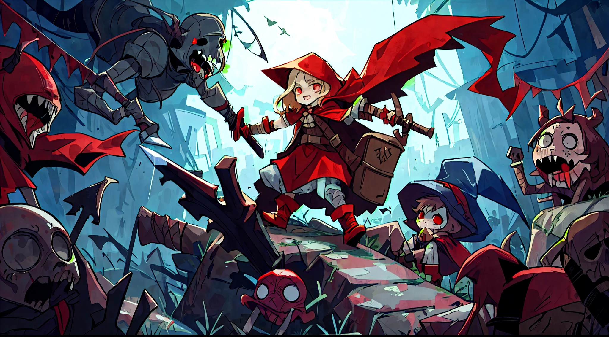 Cartoon character holding a sword and a demon on a rock, Darkest Dungeon art style, thief little Red Riding Hood, red hooded mage, inspired author：Johannes Helgesen, author：Johannes Helgesen, dressed in a beautiful Red cape, Darkest Dungeon style, Red cape, little Red Riding Hood, Genndy Tartakovsky, dark red theme, combat chaser, Darkest Dungeon