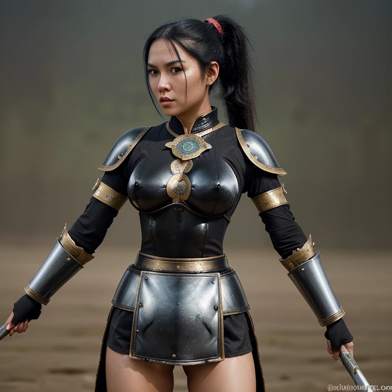 Beautiful Women,ponytail,shiny black hair color,sexy figure,Wear ancient Thai warrior armor,standing holding double swords,On the battlefield,Highly detailed images