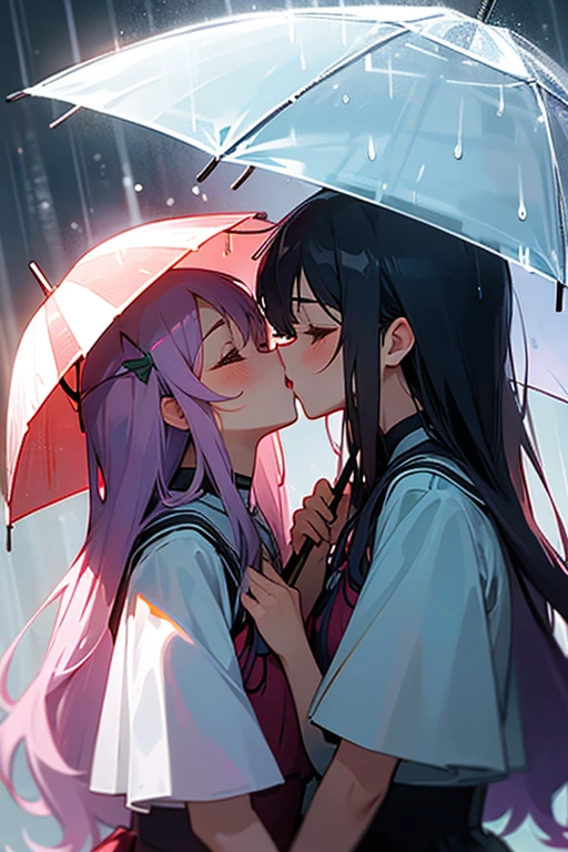 rain、twins、Yuri couple sharing an umbrella、to kiss、cute