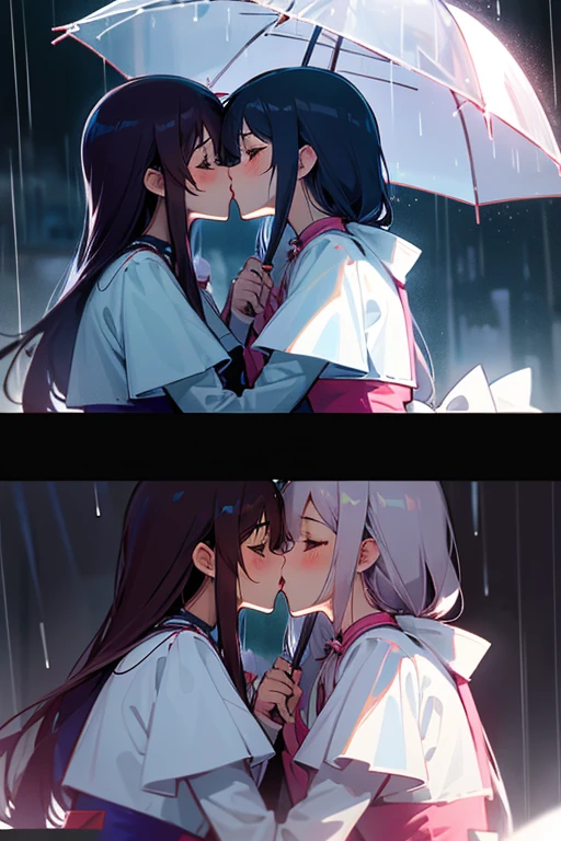 rain、twins、Yuri couple sharing an umbrella、to kiss、cute