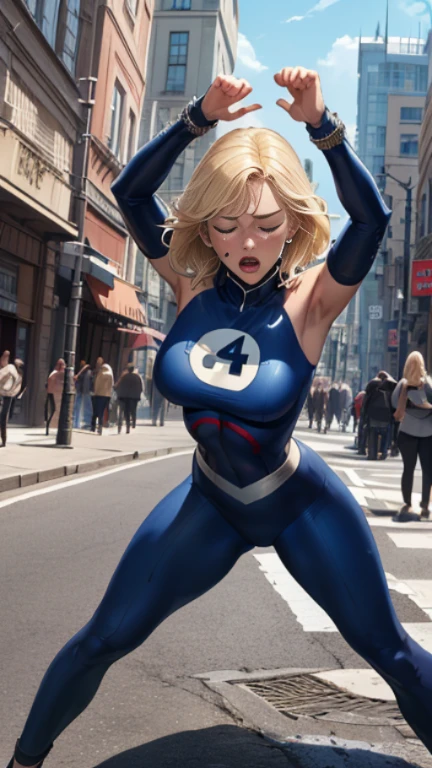 (Highly quality, masterpiece, detailed), city detailed scenario, city detailed background, (x shaped pasting stand), (hands up, spread hands, in stocks pose:1), 1girl, Susan Storm, blue eyes, blonde hair, full body blue bodysuit, sleeves, perfect face, big breasts, number '4' logo on chest, (shut closed eyes, tears:1.1), sighing