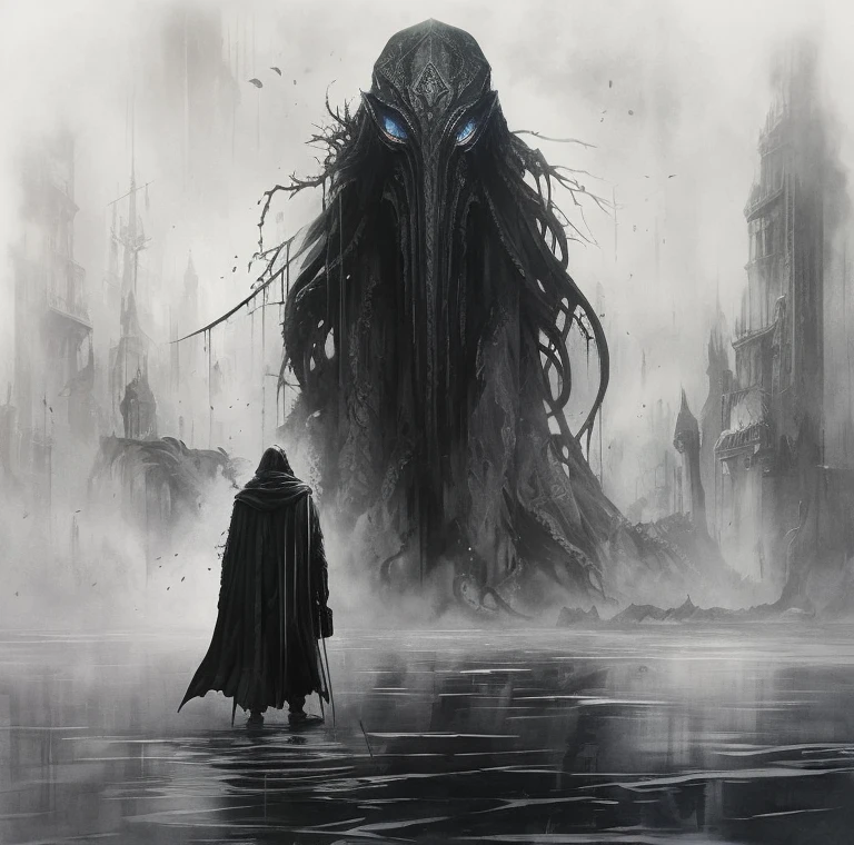 Uma imagem de um homem de capa e capa com capuz parado na chuva de Arad, a sinister fantasy illustration, arte conceitual de fantasia sombria, arte de estilo fantasia sombria, Dark Fantasy Illustration, Cthulhu surgindo do oceano, e Mumford Tom Bagshaw, dark fog surrounds you, arte de fantasia sombria, conceito de alma escura, arte conceitual de almas sombrias, O Pai de Todos