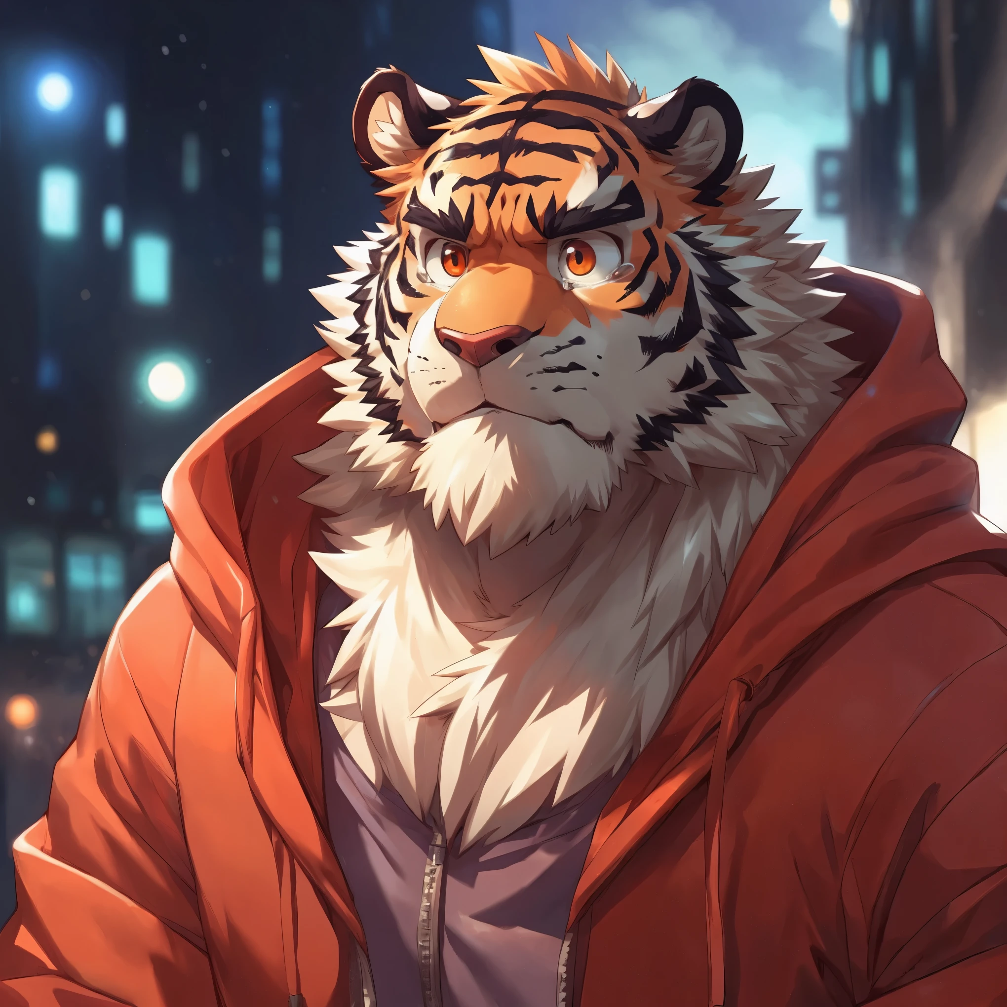 Humanity, Beast field, male, Solitary, ((round face, Very plump face,Orange Eyes,Thick beard)), ((endomorph body type, Handsome)), (Hoodie), ((domestic Tiger, Tiger) Fluffy fur, Fluffy), Bokeh, (high quality, high resolution, masterpiece), (Dynamic Lighting, Bright colors), (Sad and sad,Tears), (Face Focus), Front view (close up), cartoon, author:Takemoto Arashi, by zixiong, Through Chun Ni, By Empty Ghost
