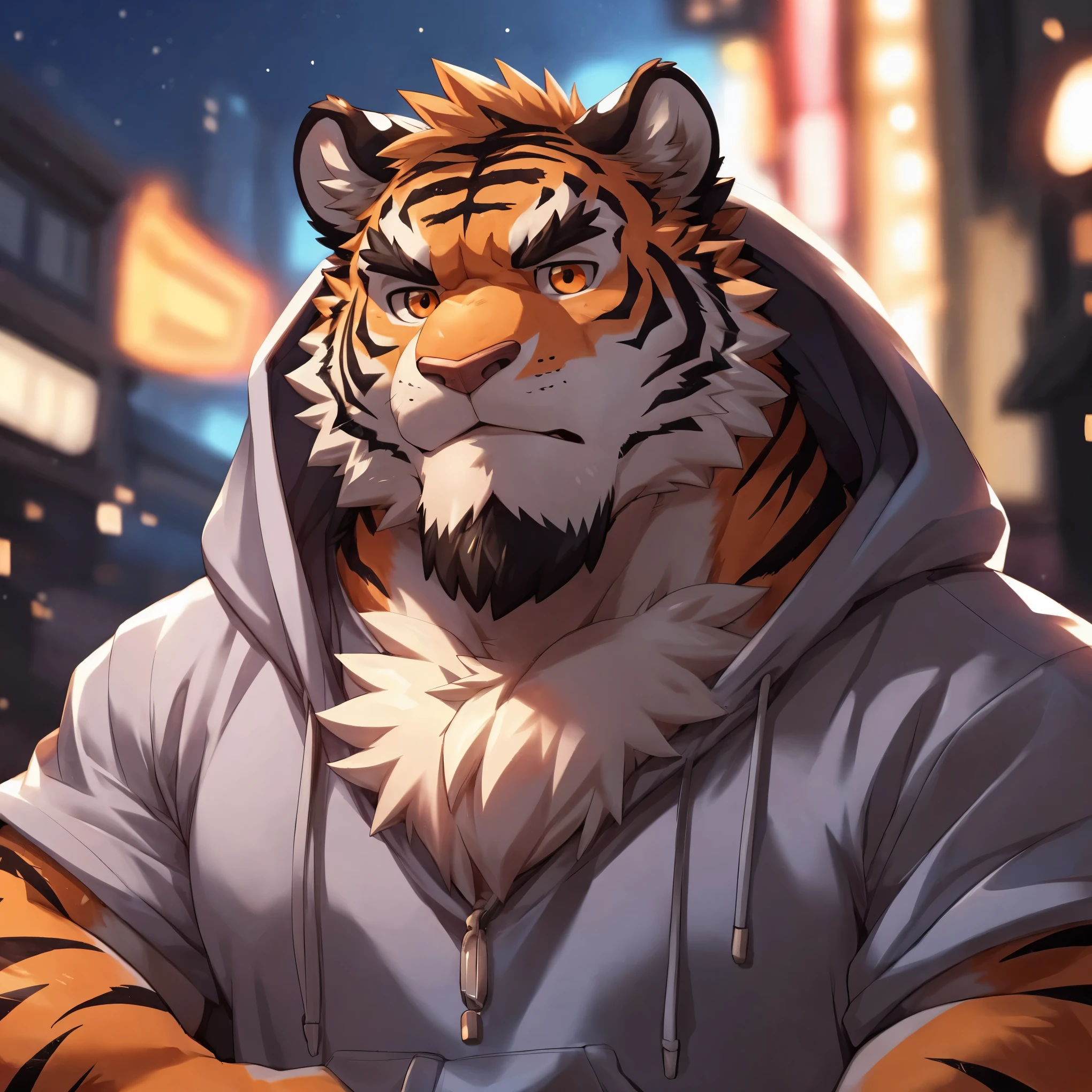Humanity, Beast field, male, Solitary, ((round face, Very plump face,Orange Eyes,Thick beard)), ((endomorph body type, Handsome)), (Hoodie), ((domestic Tiger, Tiger) Fluffy fur, Fluffy), Bokeh, (high quality, high resolution, masterpiece), (Dynamic Lighting, Bright colors), (sad), (Face Focus), Front view (close up), cartoon, author：Takemoto Arashi, by zixiong, Through Chun Ni, By Empty Ghost