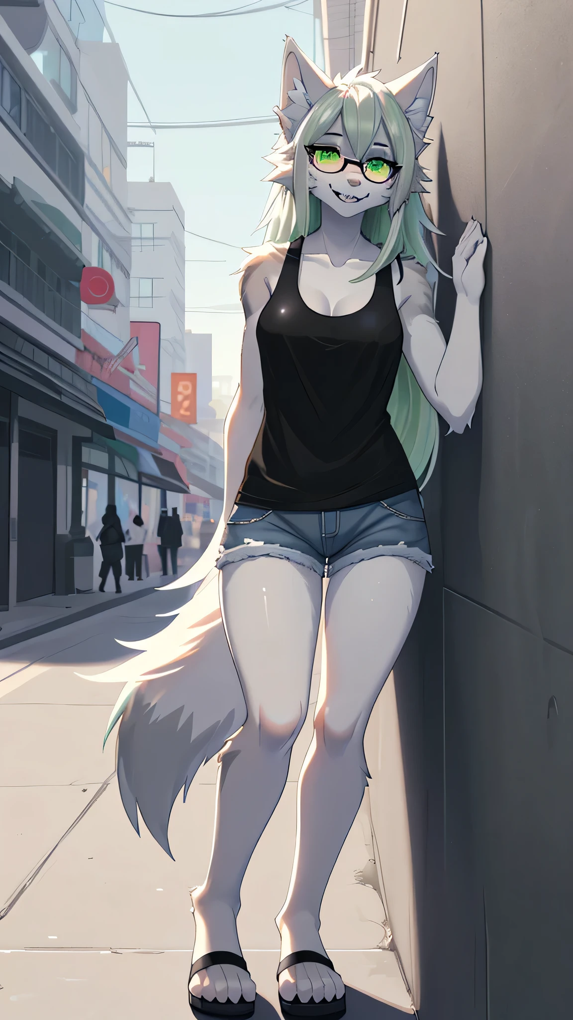 Solo:1.2, By claweddrip, by hyattlen, by fumiko, a cute female gray wolf, long hair, white green hair, green eyes, long white whiskers, cute gray tabby wolf ears, gray tabby wolf tail, tall, slender, wearing Jean shorts, absolute territory, scuffed black flipflops, green tank top, open breasts, hands in pockets, large round clear glasses, high quality, fluffy ear tips, looking_away:1.3, leaning on a wall, in a vibrant city street, smiling, wolf teeth, full body in frame
