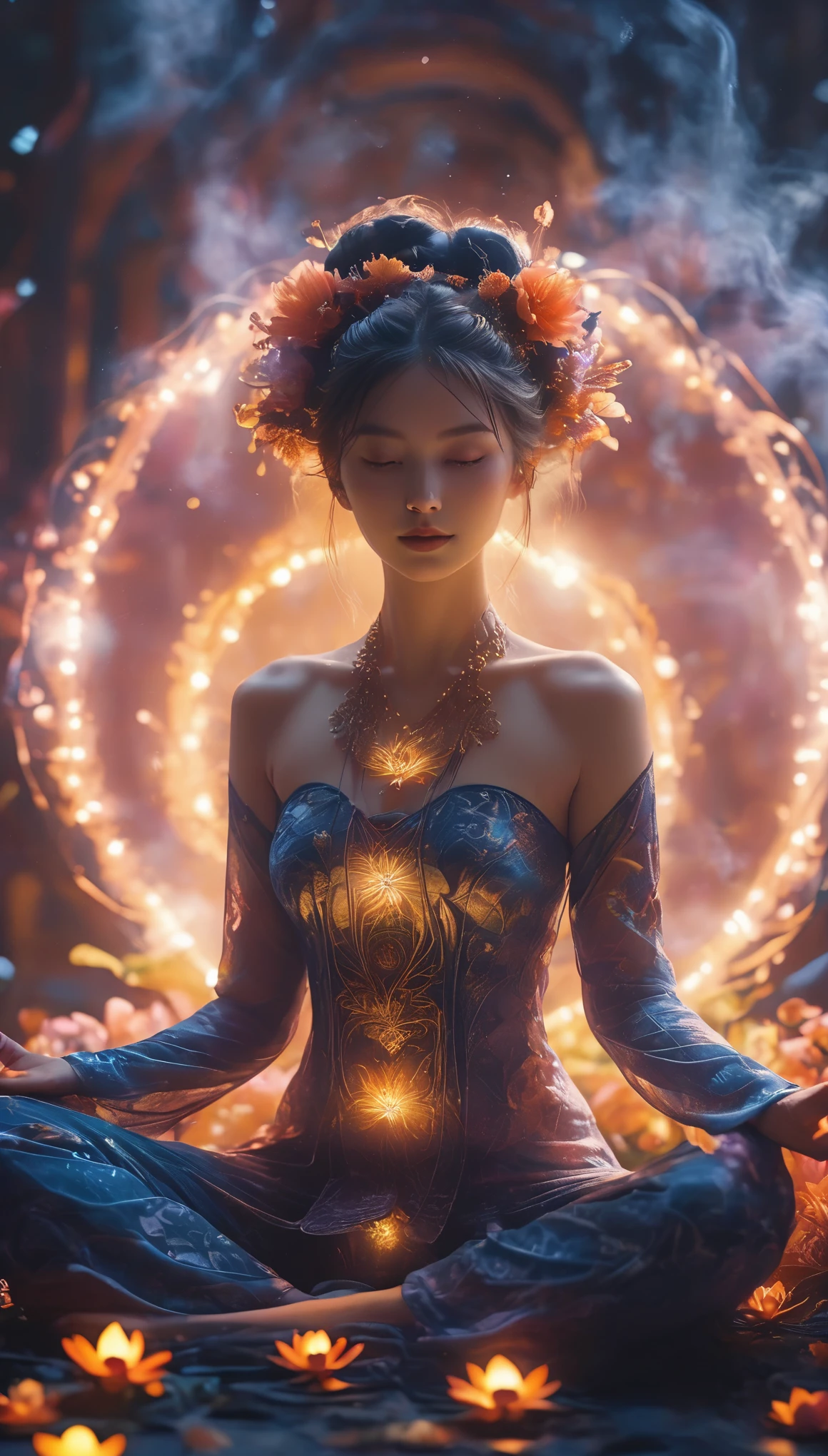 fullbody Photography of lotus pose girl,Raw, cinematic shot, (sharp focus:1.5), (photorealistic:1.4), twilight lighting, volumetric lighting, ultra high res, 16K,dramatic lighting, abstract backgrounds:1.5)(zentangle,datura,Tangles,entangled:0.7)Kitsune witch,kitsune mask,Haori jacket, foxfire spell, fox family, transformation, depth of field, Fantastical Atmosphere, The most beautiful form of chaos, ellegance, Dark theme of Fauvist design, Flower of Death, Flowers of ecstasy,Glowing Line,Glow Example,Tracking example,flash, Backlight,translucent,light particles