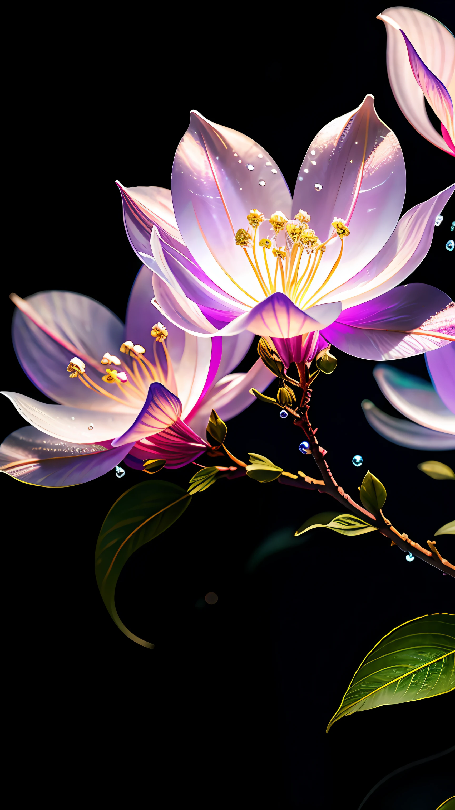 Delicate lilac branches, Ultra-transparent, holy Light, beautiful spectral Light, 花瓣发Light, Flash, Dark background, drops of transparent Light, reflective Light, bright, Light streaming in, Light学, Portrait Profile, Sharp focus, magic, Wheels within wheels, Surreal, fantasy, work, Light, Trending on artstation, pearl, Silver Steam Guardian Cloud, Corrosion Envelope Ray Family, 8k, ureal ar 23v4 upLight