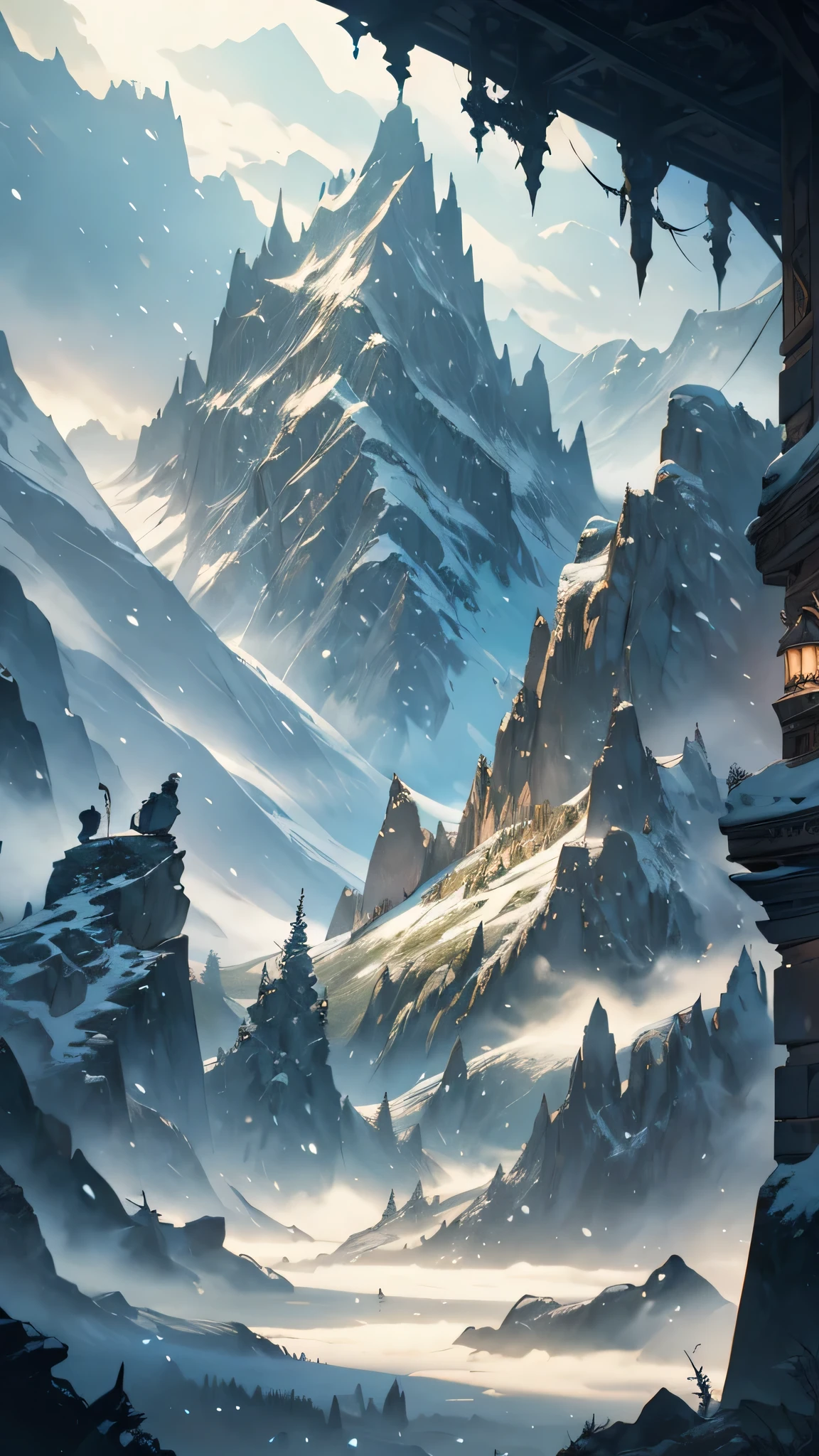 A majestic mountain range reminiscent of the medieval fantasy era, with snow-capped peaks, inspired by Tolkien's Middle Earth, stylized with a blend of Arthur Rackham and Alan Lee's illustrative styles, atmospheric perspective, dramatic lighting, high chaos for unique interpretations