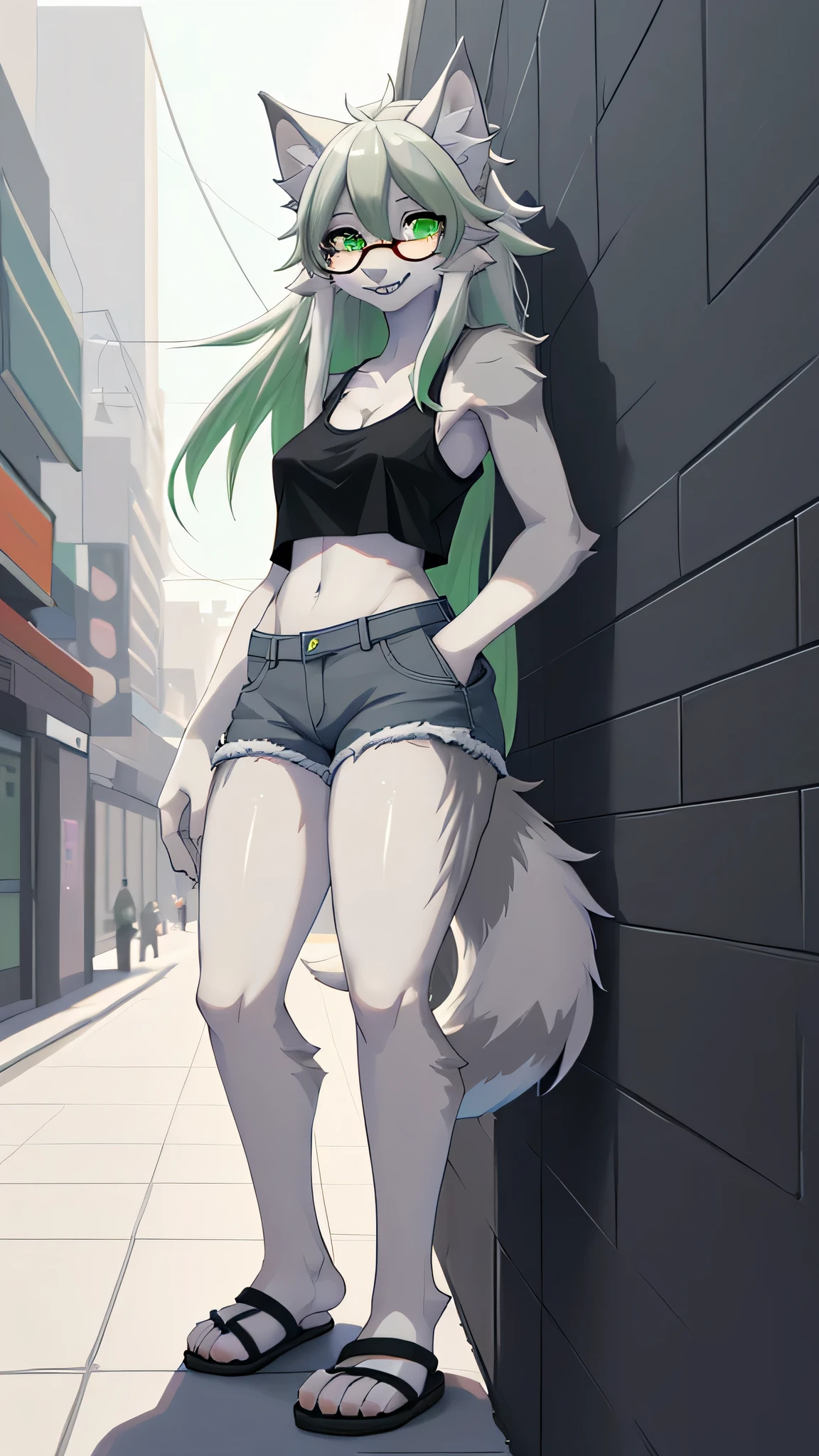 Solo:1.2, By claweddrip, by hyattlen, by fumiko, a cute female gray wolf, long hair, white green hair, green eyes, long white whiskers, cute gray tabby wolf ears, gray tabby wolf tail, tall, slender, wearing Jean shorts, absolute territory, scuffed black flipflops, green tank top, open breasts, hands in pockets, large round clear glasses, high quality, fluffy ear tips, looking_away:1.3, leaning on a wall, in a vibrant city street, smiling, wolf teeth, full body in frame