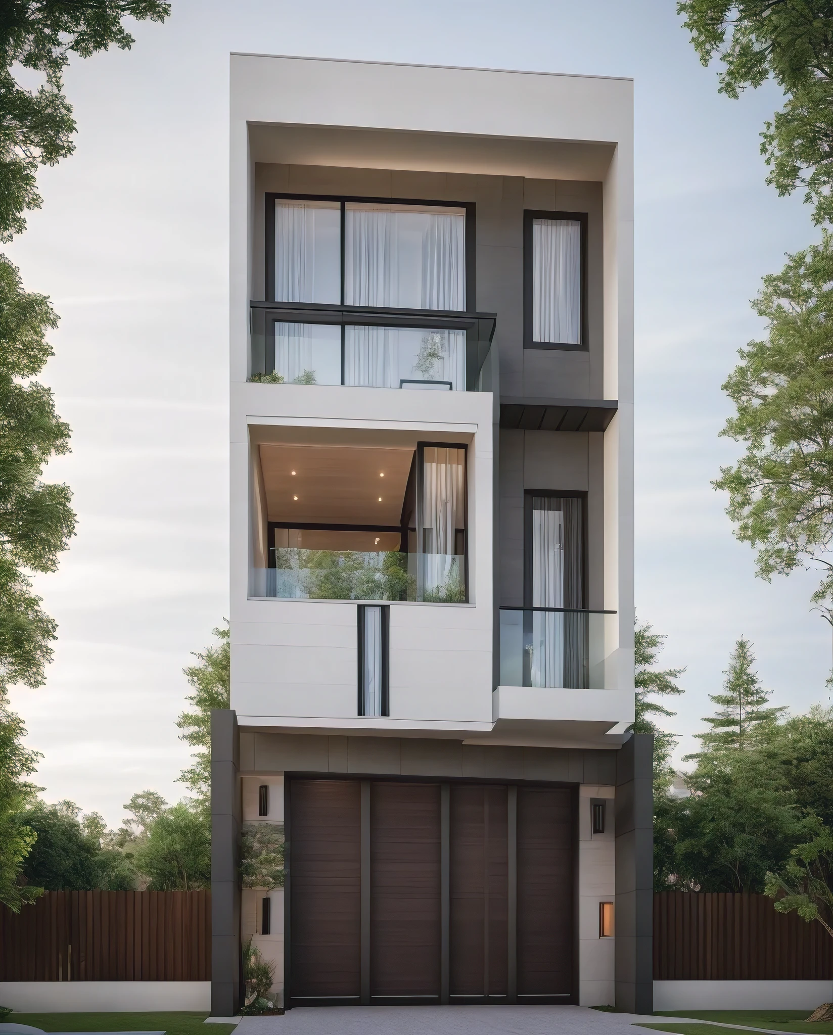 a rendering of a two story house with a garage and a balcony, front elevation view, frontview, elevation view, wide angle exterior 2022, complete house, exterior design, detailed rendering, mid-view, modern lush condo as shopfront, front elevation, front-view, overall architectural design, architectural concept, 3/4 view realistic, residential design