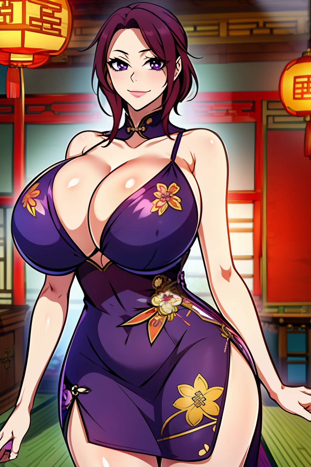 An anime-style artwork depicting Yoshioka_Maki from the game mesukyoshi4l.

Tags: Yoshioka_Maki, anime, detailed eyes, detailed lips, ass, (chinese dress:1.4), cleavage, pencil skirt, miniskirt,curvy, thighs, higheels, shiny clothes, skin tight, cleavage, long hair, solo, huge breasts,  (violet eyes), smiling expression, intense gaze, dynamic pose, indoor, palace, vibrant colors, digital art, high-resolution, professional quality, gigantic breasts, curvy, cowboy shot, (gigantic breasts: 1.4),