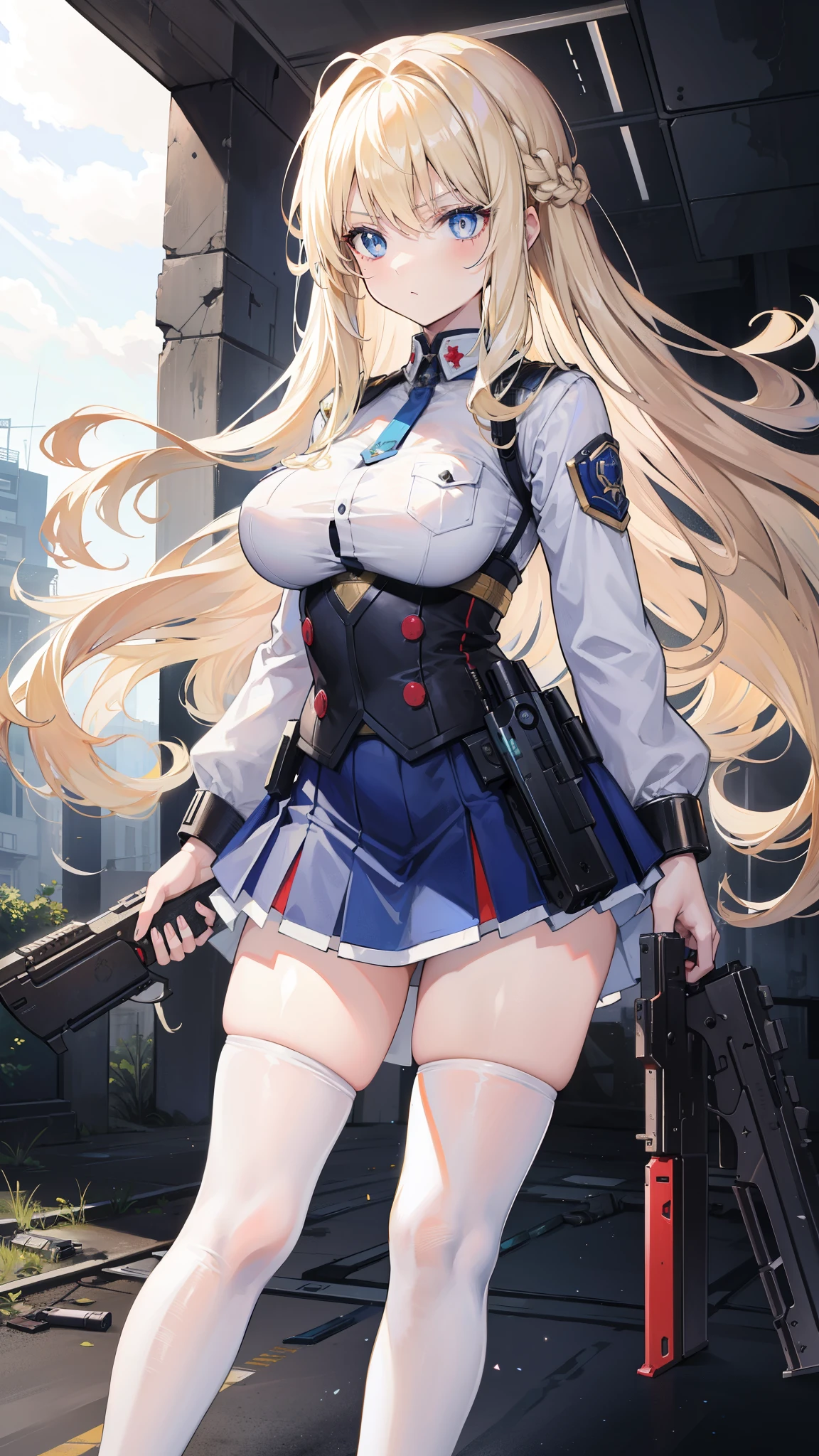 beautiful girl,Long blond hair,curls,Blue pupils,Serious expression,(battlefield),Armed with a firearm,(Firearms of the future),Field,(Dilapidated buildings),White tights,High-tech skirt,(Energy core),White knee socks,Big breasts
