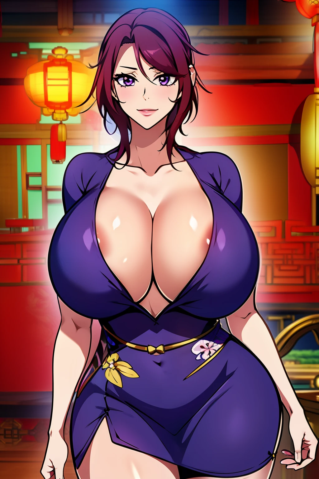 An anime-style artwork depicting Yoshioka_Maki from the game mesukyoshi4l.

Tags: Yoshioka_Maki, anime, detailed eyes, detailed lips, ass, (chinese dress:1.4), cleavage, pencil skirt, miniskirt,curvy, thighs, higheels, shiny clothes, skin tight, cleavage, long hair, solo, huge breasts,  (violet eyes), smiling expression, intense gaze, dynamic pose, indoor, palace, vibrant colors, digital art, high-resolution, professional quality, gigantic breasts, curvy, cowboy shot, (gigantic breasts: 1.4),