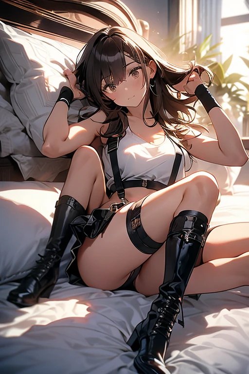 Brown hair、watching at viewers black suspenders Bulging big breasts walls: Black miniskirt garters Gaze Small face bangss holster Beautuful Women hands up leg holster lying on bed Gaze black boots panty shot provocation flank flank sweat soio arm