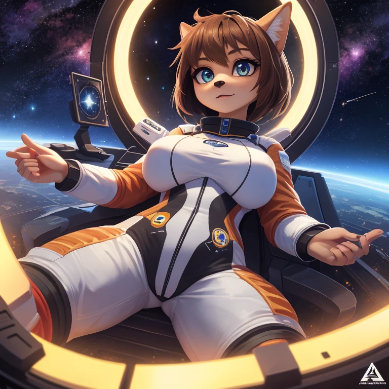 ((masterpiece)), studio quality, highly detailed, extreme detailed, high quality, max detailed, hyper detailed, space, universe, 1girl, hamset, attractive, gorgeous body, medium breast, brown short hair, galactic eyes, spacesuit, logo parody, logo