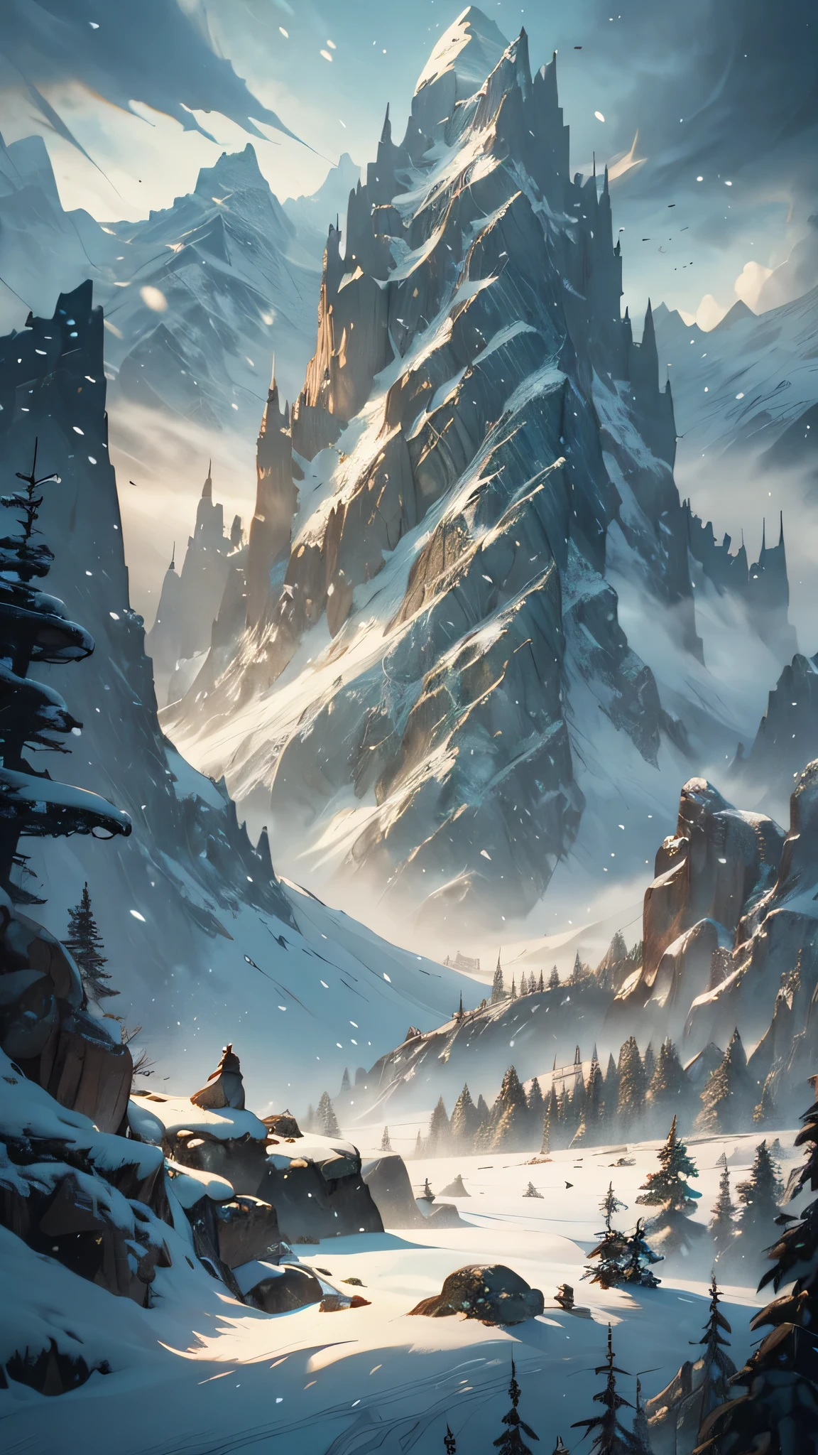 A majestic mountain range reminiscent of the medieval fantasy era, with snow-capped peaks, inspired by Tolkien's Middle Earth, stylized with a blend of Arthur Rackham and Alan Lee's illustrative styles, atmospheric perspective, dramatic lighting, high chaos for unique interpretations