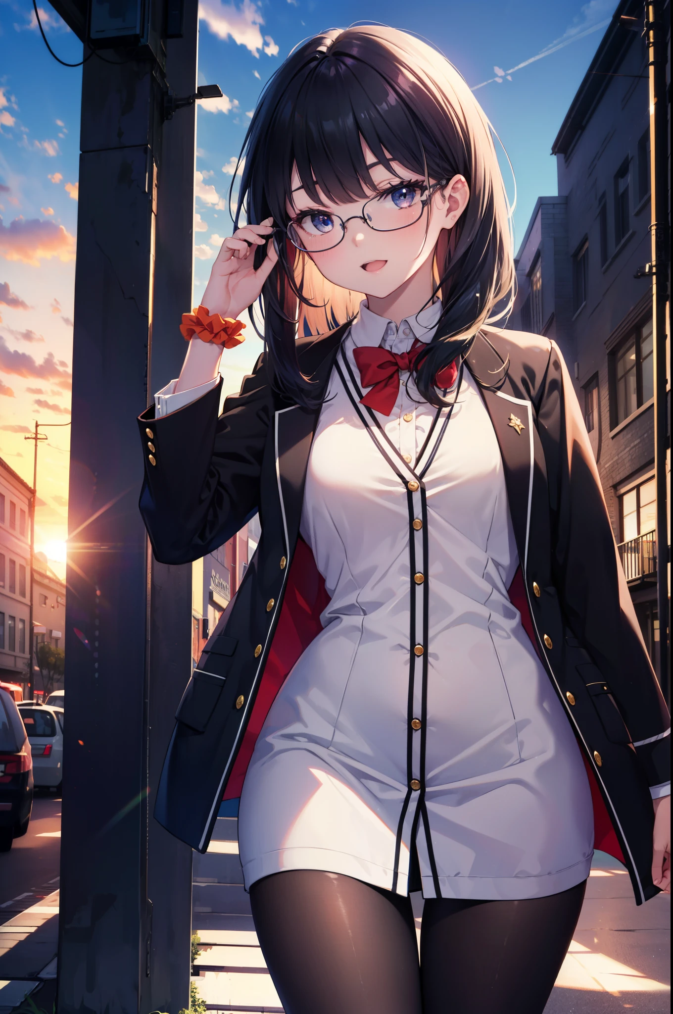 Rikka body, rikka takarada, Black Hair, blue eyes, Long Hair, happy smile, smile, Open your mouth,orange Scrunchie, Scrunchie, wrist Scrunchie,OL, Akagi glasses, black suit jacket, Collared jacket, White dress shirt, Collared shirt, Neckline, button, Black pencil skirt, Black pantyhose,Stiletto heels,evening,sunset,The sun is setting,walking,So that the whole body goes into the illustration,
break outdoors,In town,Building district,シティストリート
break looking at viewer, (Cowboy Shot:1.5),
break (masterpiece:1.2), highest quality, High resolution, unity 8k wallpaper, (figure:0.8), (Beautiful fine details:1.6), Highly detailed face, Perfect lighting, Highly detailed CG, (Perfect hands, Perfect Anatomy),