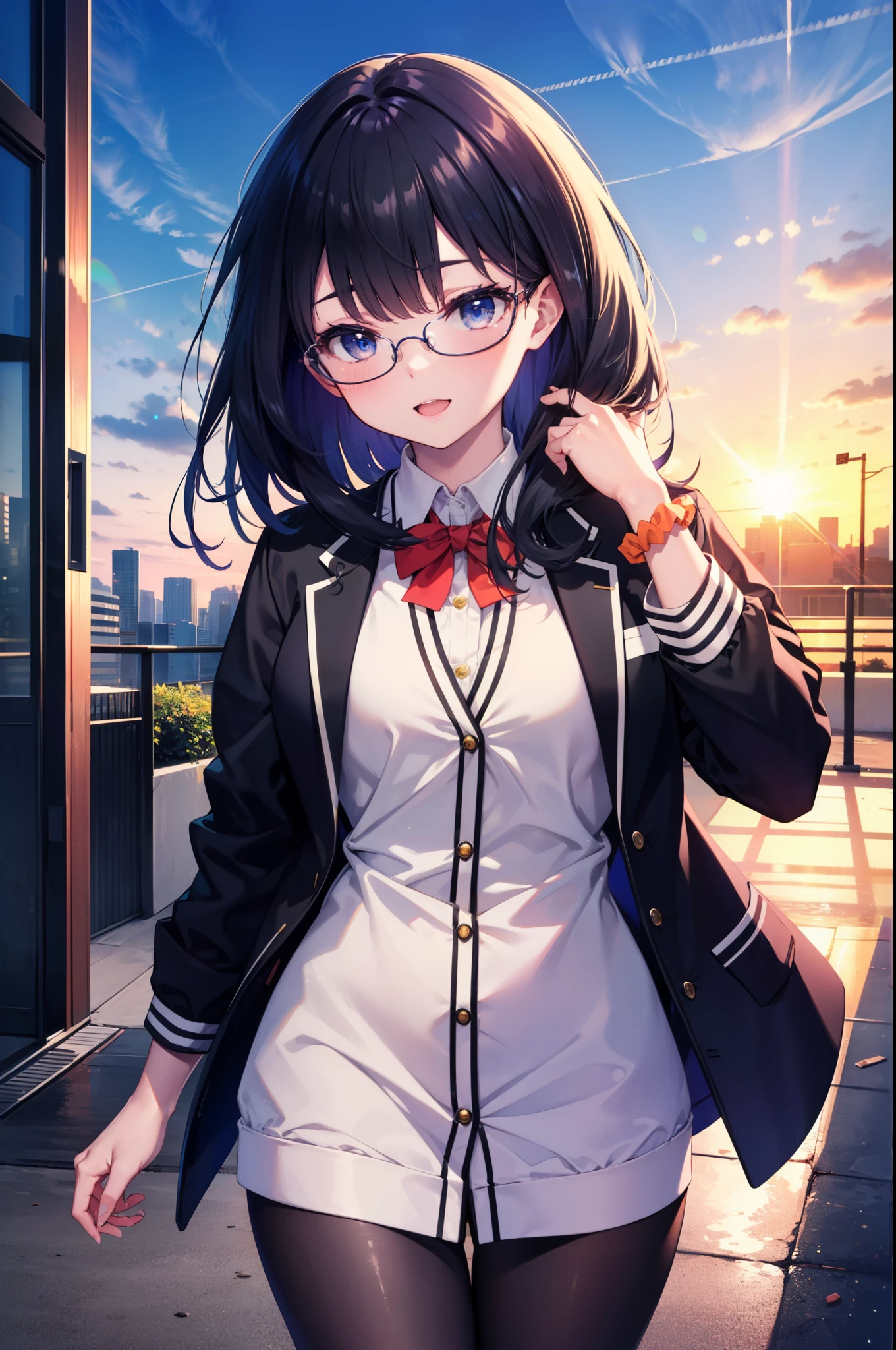 Rikka body, rikka takarada, Black Hair, blue eyes, Long Hair, happy smile, smile, Open your mouth,orange Scrunchie, Scrunchie, wrist Scrunchie,OL, Akagi glasses, black suit jacket, Collared jacket, White dress shirt, Collared shirt, Neckline, button, Black pencil skirt, Black pantyhose,Stiletto heels,evening,sunset,The sun is setting,walking,So that the whole body goes into the illustration,
break outdoors,In town,Building district,シティストリート
break looking at viewer, (Cowboy Shot:1.5),
break (masterpiece:1.2), highest quality, High resolution, unity 8k wallpaper, (figure:0.8), (Beautiful fine details:1.6), Highly detailed face, Perfect lighting, Highly detailed CG, (Perfect hands, Perfect Anatomy),