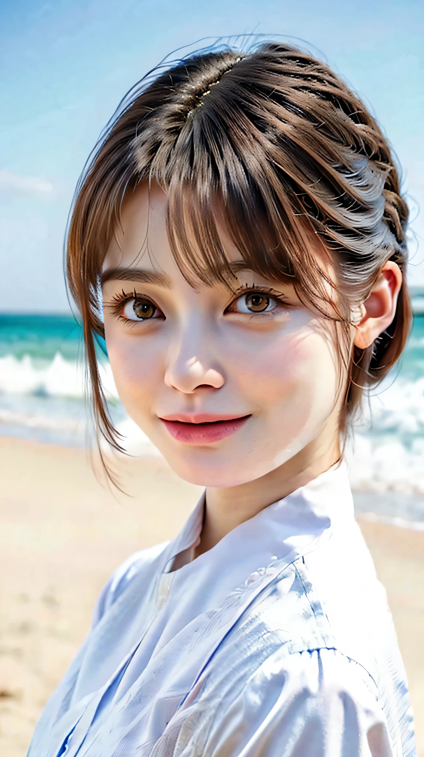 Please keep looking at me、Bright screen、light brown medium bob hair、8K、outdoor、blue sky、Upper body、Photographed alone、40 years old、smile