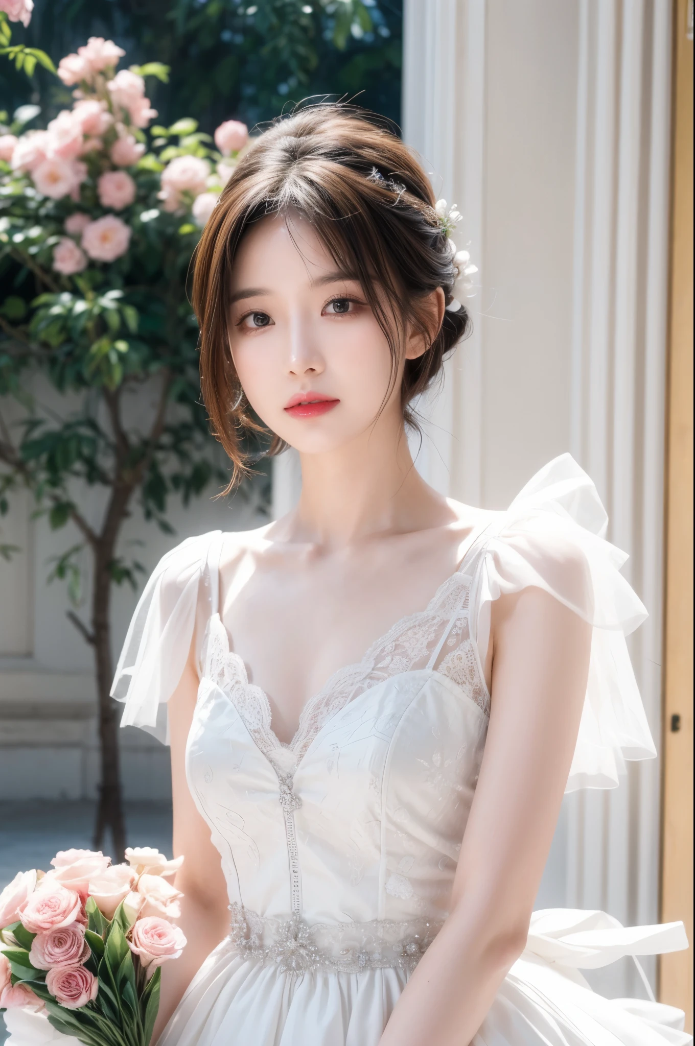 Haruno Sakura, ((Solitary)), Solitary, bride, Wearing a white wedding dress, Queen, Happy, ((The forehead is exposed)), permanent, Enter the church, Pink Hair, short hair, Beautifully, young, short hair, Delicate face, HD, ((whole body)), (The flowers around her), whole body, she is a fair woman getting married, face with high quality, fair, shining