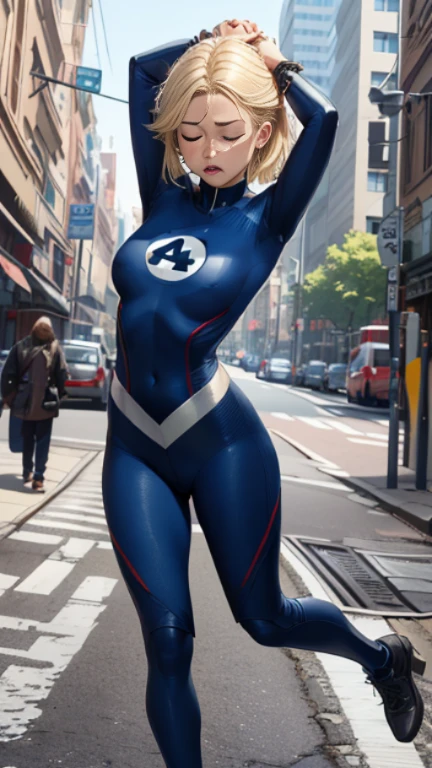 (Highly quality, masterpiece, detailed), city detailed scenario, city detailed background, (x shaped pasting stand), (hands up, spread hands, in stocks pose:1), 1girl, Susan Storm, blue eyes, blonde hair, full body blue bodysuit, sleeves, perfect face, big breasts, number '4' logo on chest, (shut closed eyes, tears:1.1), sighing