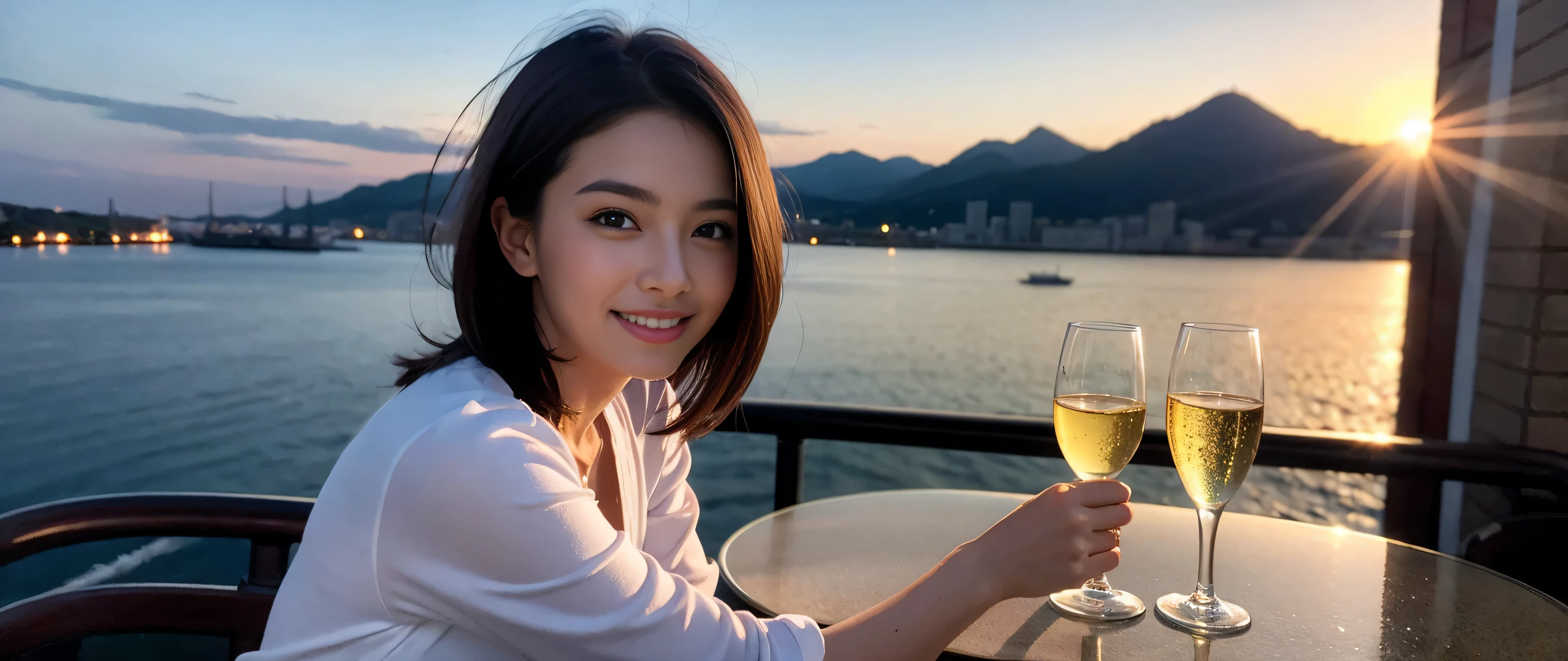 ((highest quality、8k、masterpiece:1.3))、Sharp focus:1.2、Beautiful woman perfect body:1.4、Slim body、((Bob Hale、Straight hair:1.2))、(to be born, highest quality, masterpiece:1.5), (Realistic, Intricate details:1.2), Ultra-high resolution, Spectacular view of the sunset sky and clouds、Amazing mountain views、A bright smile、wine glass、red wine 、Appetizer、Italian food、Wine bottle、Champagne、sparkling wine、, Beautiful Face, blue eyes, The light shines on your face, Blushing, short hair,Bright Face、Fox face、 (36 years old), 39 years old, Lady、Two beauties、brown hair、Shortcuts、Long sleeve shirt、dress、Pretty Woman 1, (slim face), (The body is slim), (brown hair), (Shortcuts), cheeks turn a little red,charming beauty、, Out of the window, A beautiful and detailed night view unfolds.........., restaurant, In a prominent place (From the waist up) Nova Frog Style, actress, model, Upper Body, White wine, slim, wine glass, wine glass placed in the middle, smile, (smile: 1.15), Beautiful fine grain, Depth f/2,saturation, High Contrast, Strong light and shadow,Moist Body:1.5、3D texture、Delicate eyes、brown hair、The hair is very shiny、