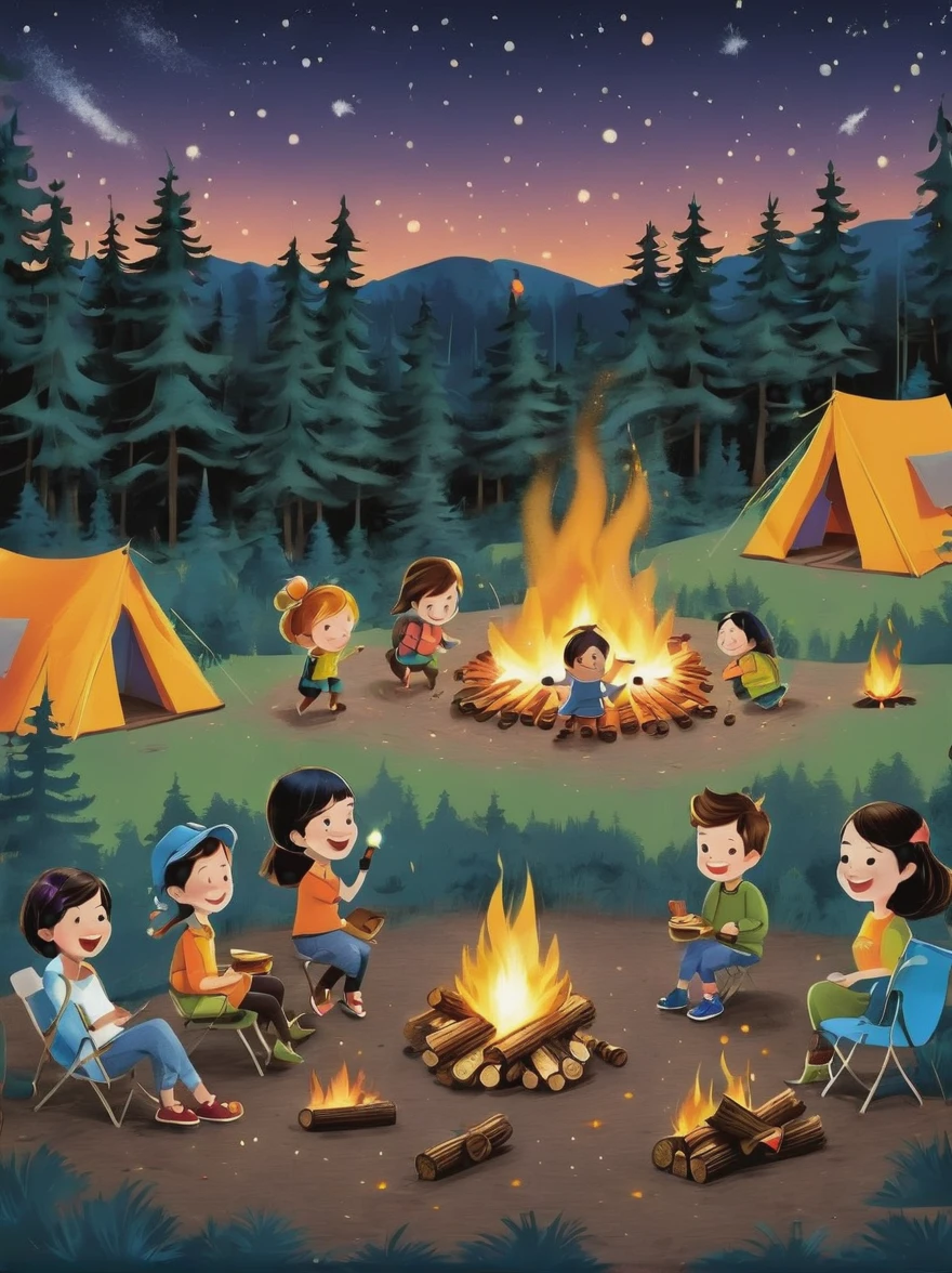 A vibrant, animated scene set in a camping ground under a star-studded night sky. In the middle of the site, there is a glowing bonfire with logs sitting in a stack nearby. Dancing around this fire are adorable little characters that greatly resemble smores, having marshmallow bodies, chocolate hair and graham cracker clothing. These cartoonish smores are engaged in various camping activities. Some are playfully chasing each other, some are sitting and telling humorous stories, while others are engaging in a game of tag. The whole area is lit by the flickering glow of the fire, which adds warmth and coziness to the whimsical scene.