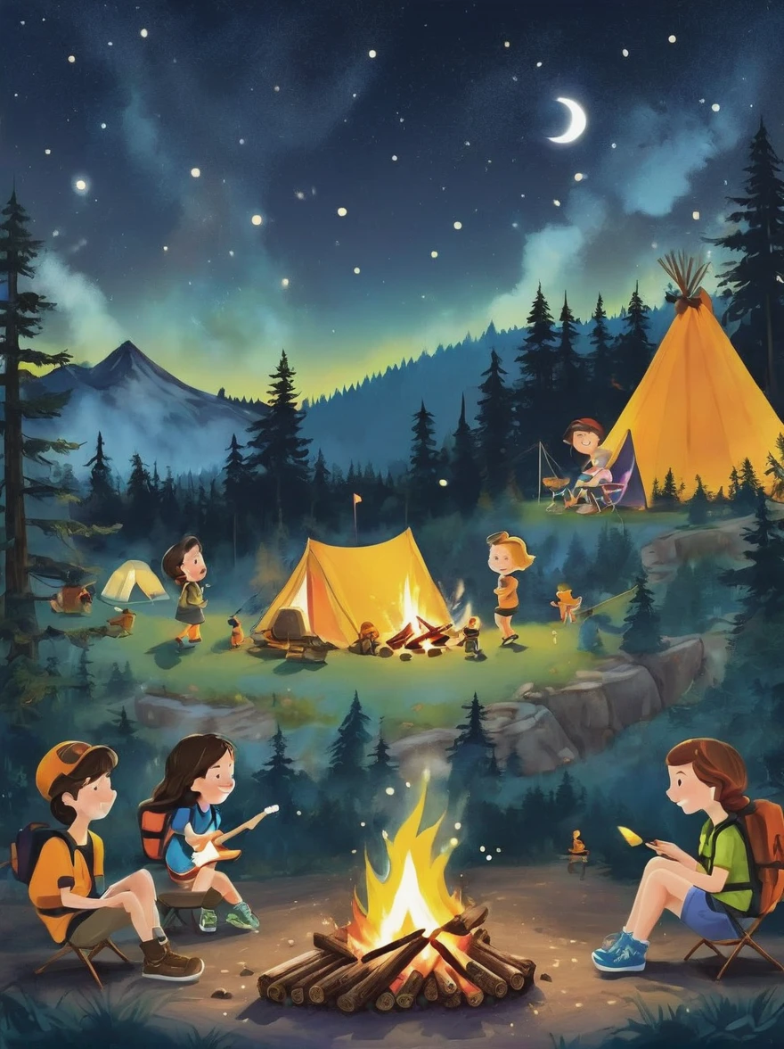 A vibrant, animated scene set in a camping ground under a star-studded night sky. In the middle of the site, there is a glowing bonfire with logs sitting in a stack nearby. Dancing around this fire are adorable little characters that greatly resemble smores, having marshmallow bodies, chocolate hair and graham cracker clothing. These cartoonish smores are engaged in various camping activities. Some are playfully chasing each other, some are sitting and telling humorous stories, while others are engaging in a game of tag. The whole area is lit by the flickering glow of the fire, which adds warmth and coziness to the whimsical scene.