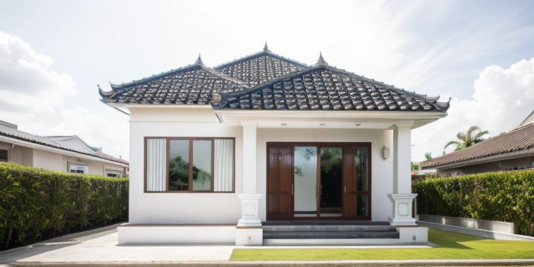 house exterior contemporary style, modernism, glass doors and windows, masterpiece, highquality, realistic photo, canon eos 5D mark, natural light, Modern garden house with traditional Vietnamese style, architecture, exterior, lots of greenery, sun during the day, beautiful sky, real photo, tiled roof, white walls,