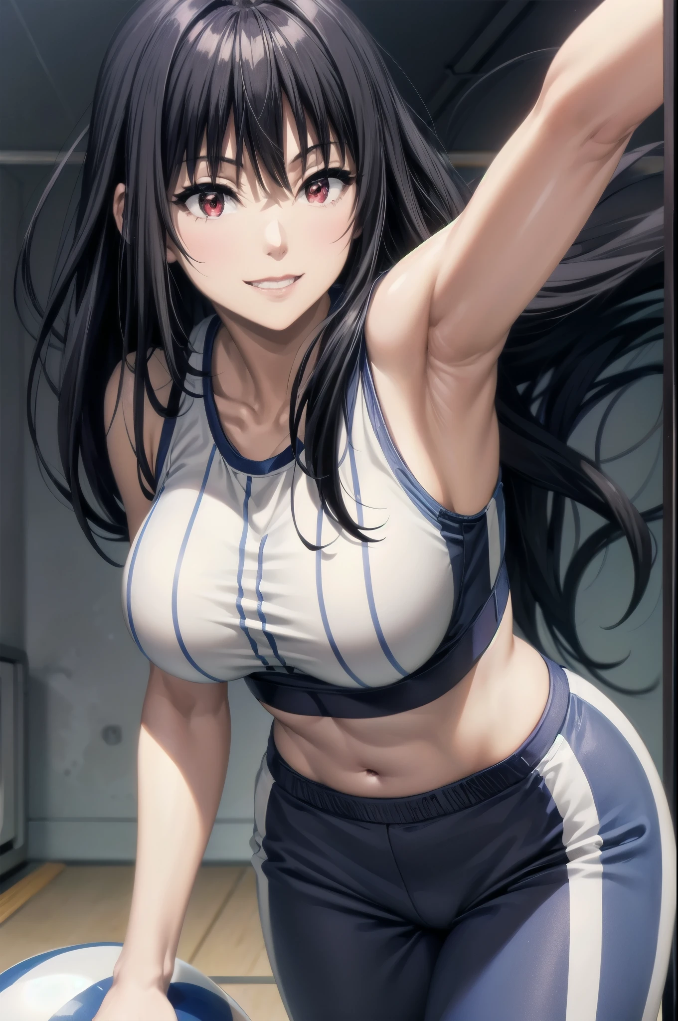 1girl,black hair,red eyes,medium breast,narrow waist, masterpiece, best quality, photorealistic, yujiasuit, yoga sports bra, yoga pants, 1girl, solo, , yoga ball, pants, looking at viewer, smile, green sports bra, simple background, , midriff, long hair, breasts, green pants, sportswear, tank top, upper body,
