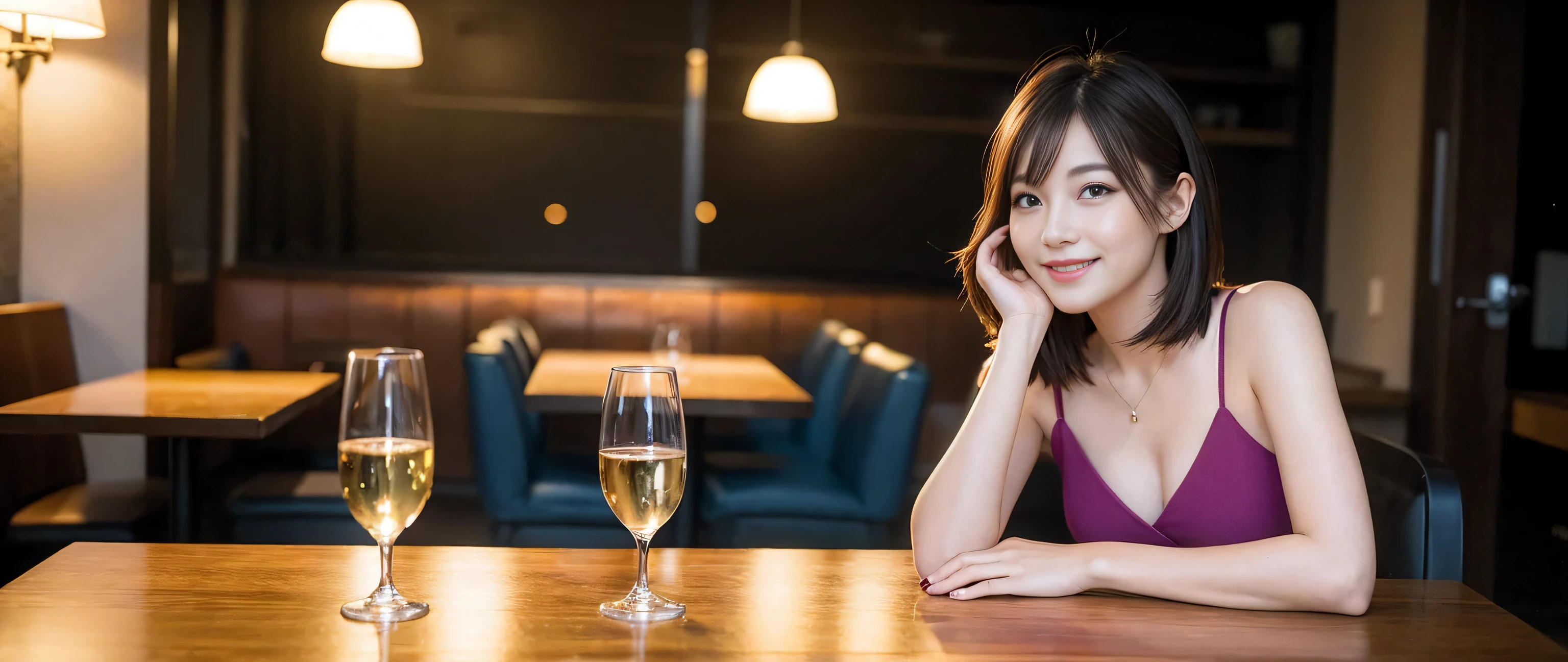 ((highest quality、8k、masterpiece:1.3))、Sharp focus:1.2、Beautiful woman perfect body:1.4、Slim body、((Bob Hale、Straight hair:1.2))、(to be born, highest quality, masterpiece:1.5), (Realistic, Intricate details:1.2), Ultra-high resolution, Spectacular view of the sunset sky and clouds、Amazing mountain views、A bright smile、wine glass、red wine 、Appetizer、Italian food、Wine bottle、Champagne、sparkling wine、, Beautiful Face, blue eyes, The light shines on your face, Blushing, short hair,Bright Face、Fox face、 (42 years old), 39 years old, Lady、Two beauties、brown hair、Shortcuts、Long sleeve shirt、dress、Pretty Woman 1, (slim face), (The body is slim), (brown hair), (Shortcuts), cheeks turn a little red,charming beauty、, Out of the window, A beautiful and detailed night view unfolds.........., restaurant, In a prominent place (From the waist up) Nova Frog Style, actress, model, Upper Body, White wine, slim, wine glass, wine glass placed in the middle, smile, (smile: 1.15), Beautiful fine grain, Depth f/2,saturation, High Contrast, Strong light and shadow,Moist Body:1.5、3D texture、Delicate eyes、brown hair、The hair is very shiny、