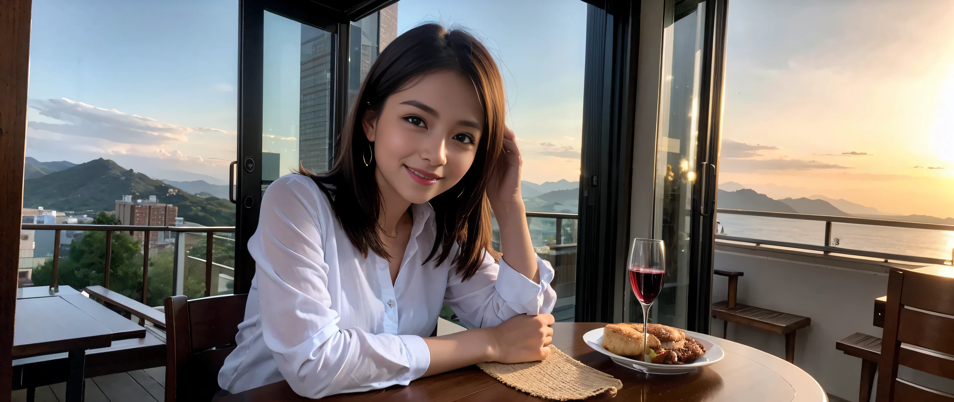 (Realistic:1.1),(masterpiece,Highest quality),8k,(44 years old), 42 years old, slimカップル、Model Couple、actress/actor、Tight waist,Upper Body,full-course dinner、wine 、Amazing view of the sunset sky and clouds、Perfect Anatomy, Brown Hair, short hair,Random Hairstyles,((Highly detailed face and eyes:1.2))(cute顔:1.4),美しいactressの顔,Perfect golden ratio face,Long sleeve shirt、dress,(smile:1.2)、Shortcuts、cute、(Realistic, Intricate details:1.2), A bright smile、short hair,Bright Face、赤wine 、Appetizers、Italian food、wine bottle、Champagne、スパークリングwine、(slimな顔), (The body is slim), (Brown Hair), (Shortcuts), Upper Body, 白wine, slim, wineグラス,