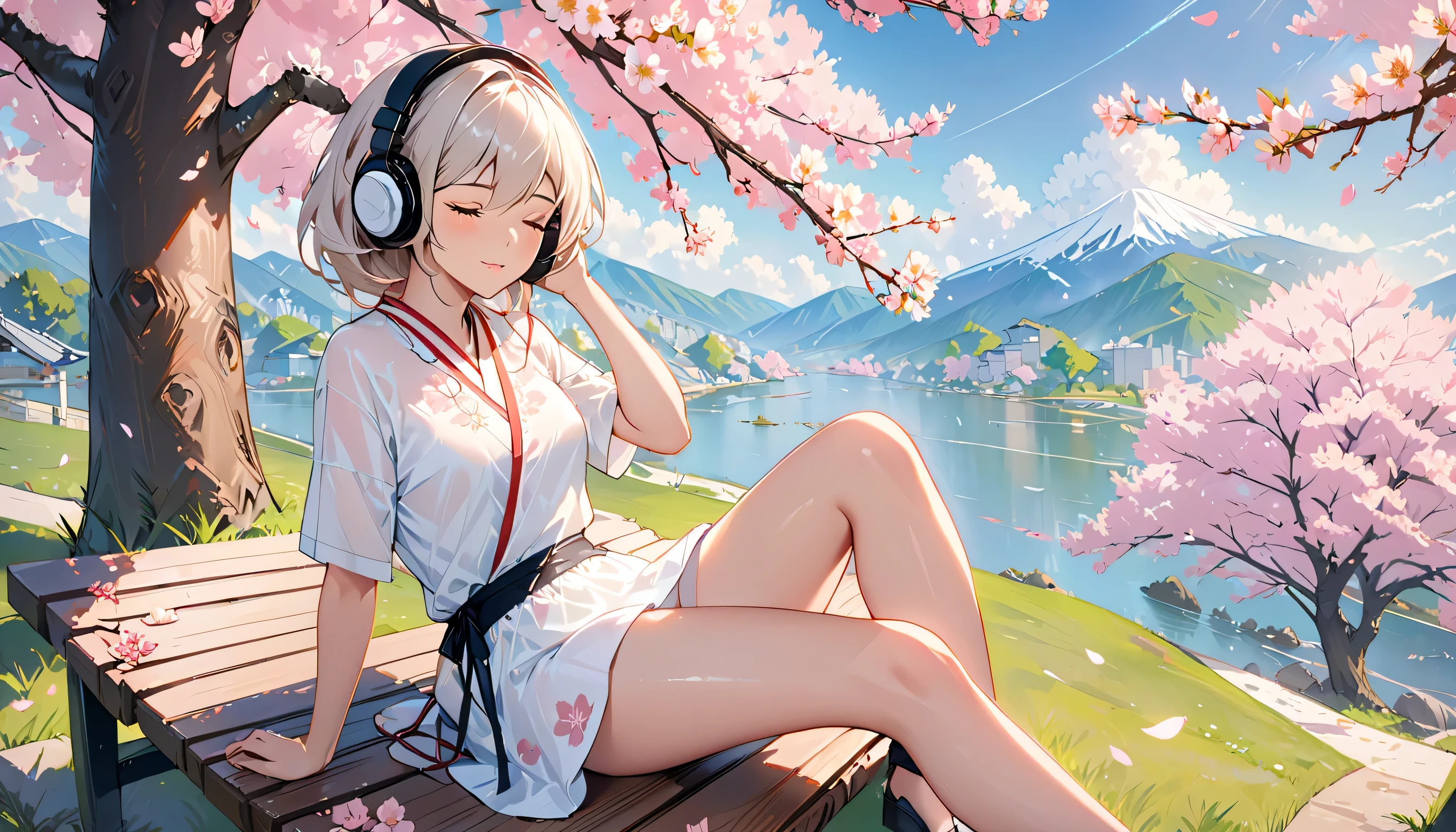 ((best quality)), ((masterpiece)), (detailed), perfect face, sitting under the cherry blossom tree, listening to music, One woman, wearing headphones, eyes closed, wearing underwear, underwear is transparent, sitting on a bench