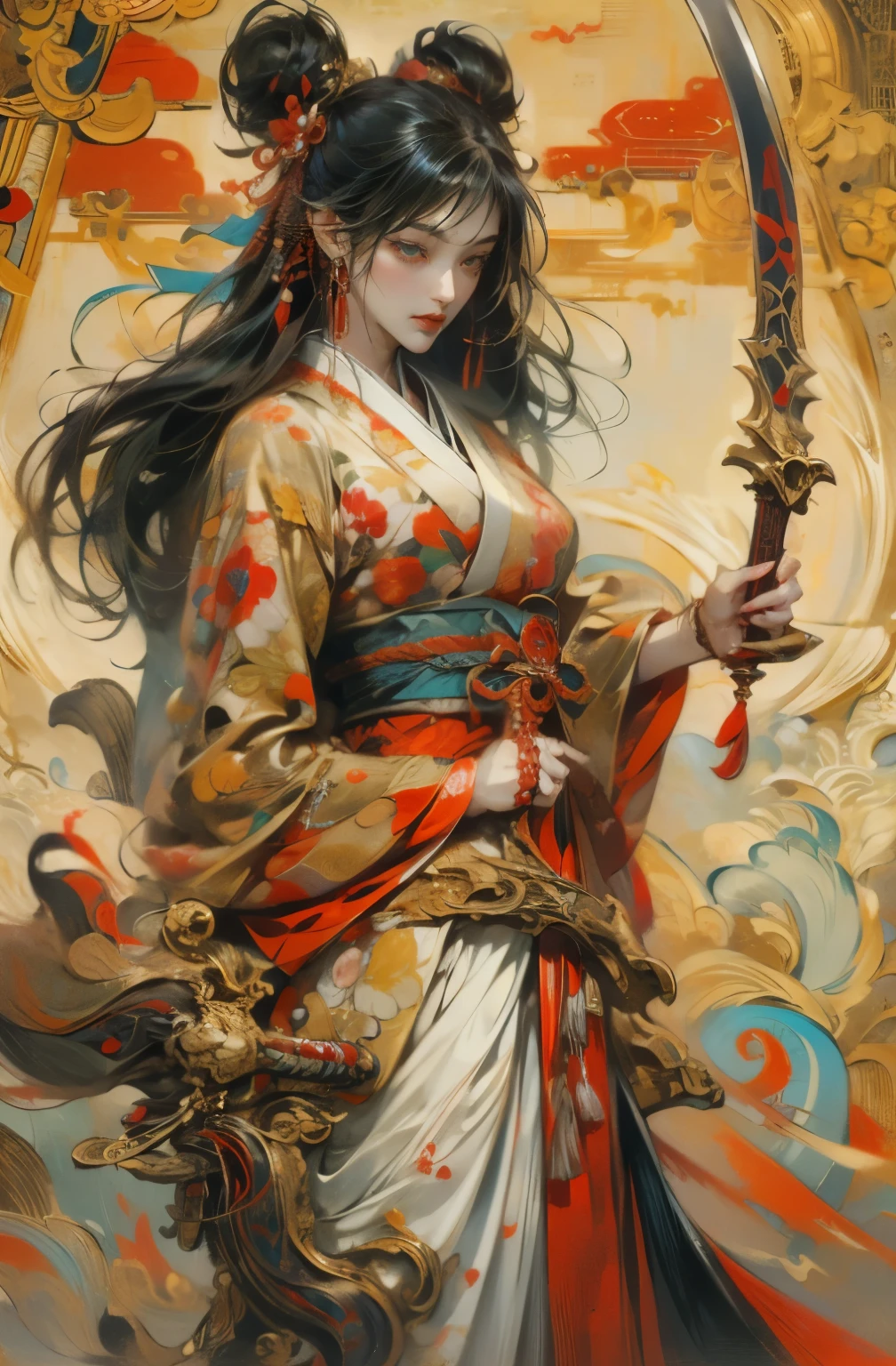 Beautiful demon painting, Demon woman with a Japanese sword, A strong female warrior, fencer, Bodyguard, gambling, Beautiful black-haired demon, Beautiful red kimono, Oiran, The highest ranking prostitute, Ghost Girl, Female Yakuza, Swordmaster, Inspired by Chen Yifei, Works that influenced Francesco Hayes, Inspired by Hendrik Terbruggen, Jean＝Works that influenced Auguste Dominique Ingres, Inspired by Liu Jun, Jean＝Works that influenced Auguste Dominique Ingres, highest quality, The perfect angle, Perfect composition, Best Shot, Official Art, Cinematic Light, Figurative art, Beautiful and expressive paintings, Beautiful artwork illustration, wonderful, Cool Beauty, clear, Mysterious, highest quality, Official Art, Perfect composition,The perfect angle, Best Shot, Female Solo, Sharp contours, pretty much beautiful face, Five fingered hand, demon of kyoto, Lord of the Demons, A cold and heartless demon woman, Demon Queen, Female Yakuza, Full Body Tattoo, wide, Rashomon, Close-up
