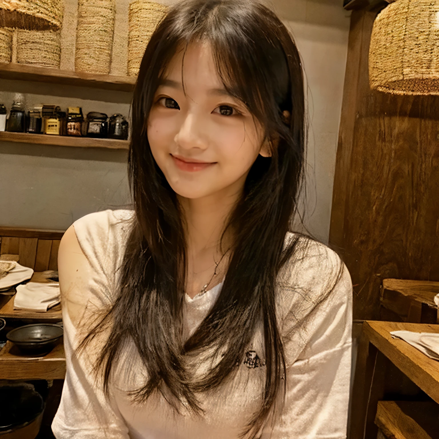 Highest quality、1 person、Perfect Face、Crew neck、White T-shirt、(flat chest:1.2)、Amateur sense、Reality、Narrow eyes、Small eyes、slender、Korean restaurant、