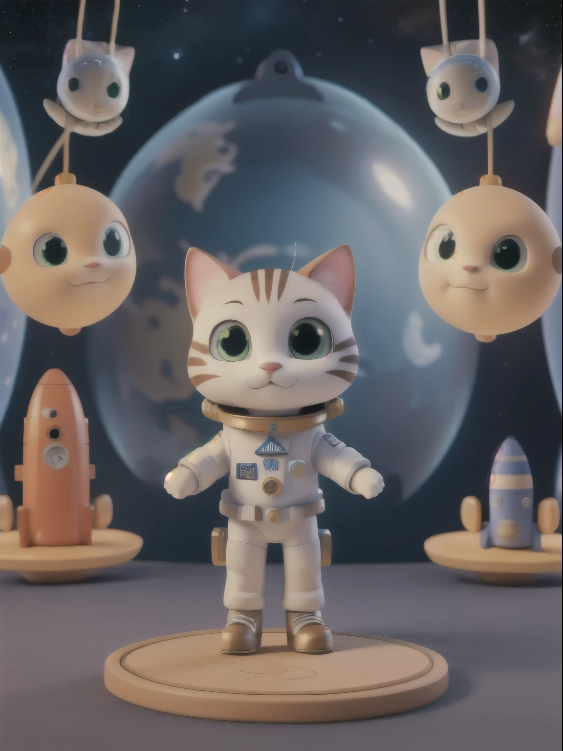 masterpiece、best quality、best quality、A cat,Wear astronaut clothes,floating in space,Prepare to travel to Earth,Map cards floating around,Suitcases floating in the air, 3D ,