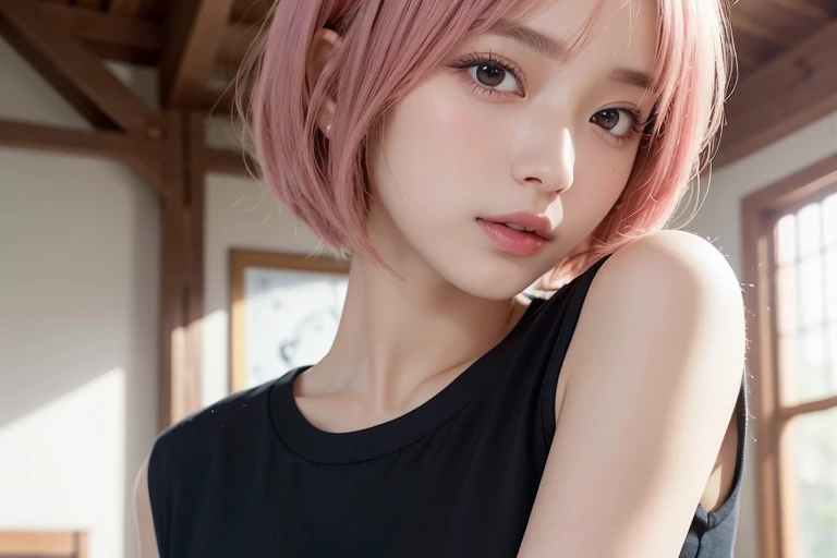 (Bob Cut Hair, Pink Hair:1.2),(Wearing a black blouse:1.2),1 girl,Japanese,21 years old,(Small breasts:1.3),(highest quality,masterpiece:1.3,超A high resolution,),(Ultra-detailed,Caustics),(Photorealistic:1.4,RAW shooting,)Ultra-Realistic Capture,Very detailed,High resolution 16K human skin close-up。 Natural skin texture、,Pores、、It needs to be detailed enough to be easily identifiable。 Skin should be even-toned and healthy looking。 Use natural light and colour, Sad expression, Looking at the camera, Perfect dynamic composition, Inside the church