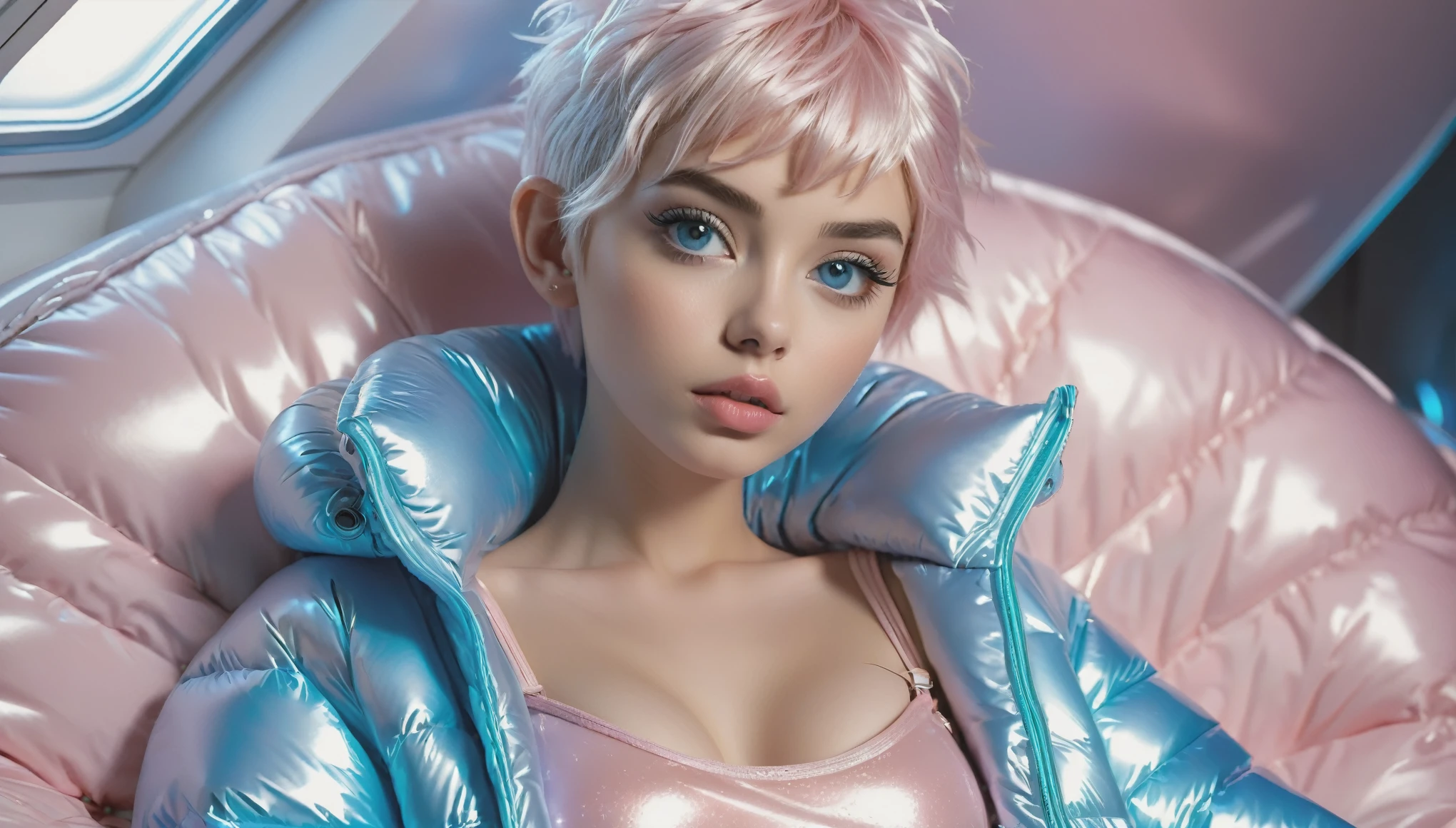 (8K, Raw photography, top-quality, ​masterpiece :1.3), (cute girl in a light pink blue open shiny puffer with short sleeves :1.3), (small perky breasts, extremely detailed face, beautiful detailed eyes, beautiful detailed lips :1.3), (posing anxiously on the bed in a spaceship :1.3) (pixie side shaved hair :1.3), (small perky breasts :1.3)